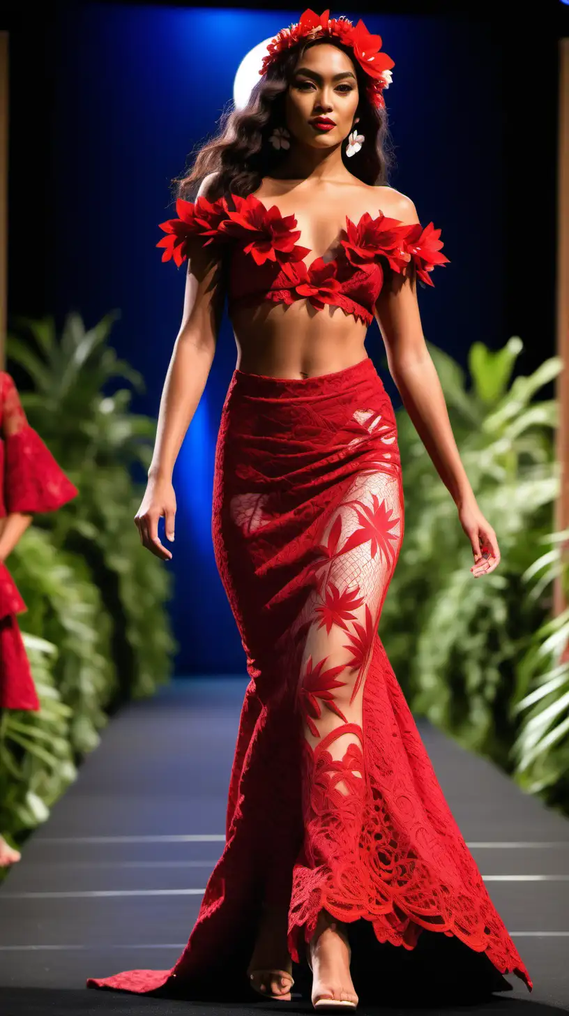 a polynesian female model wearing a beautiful 2-piece red tropical floral lace gown with a flower on her dress walking on a floral runway.