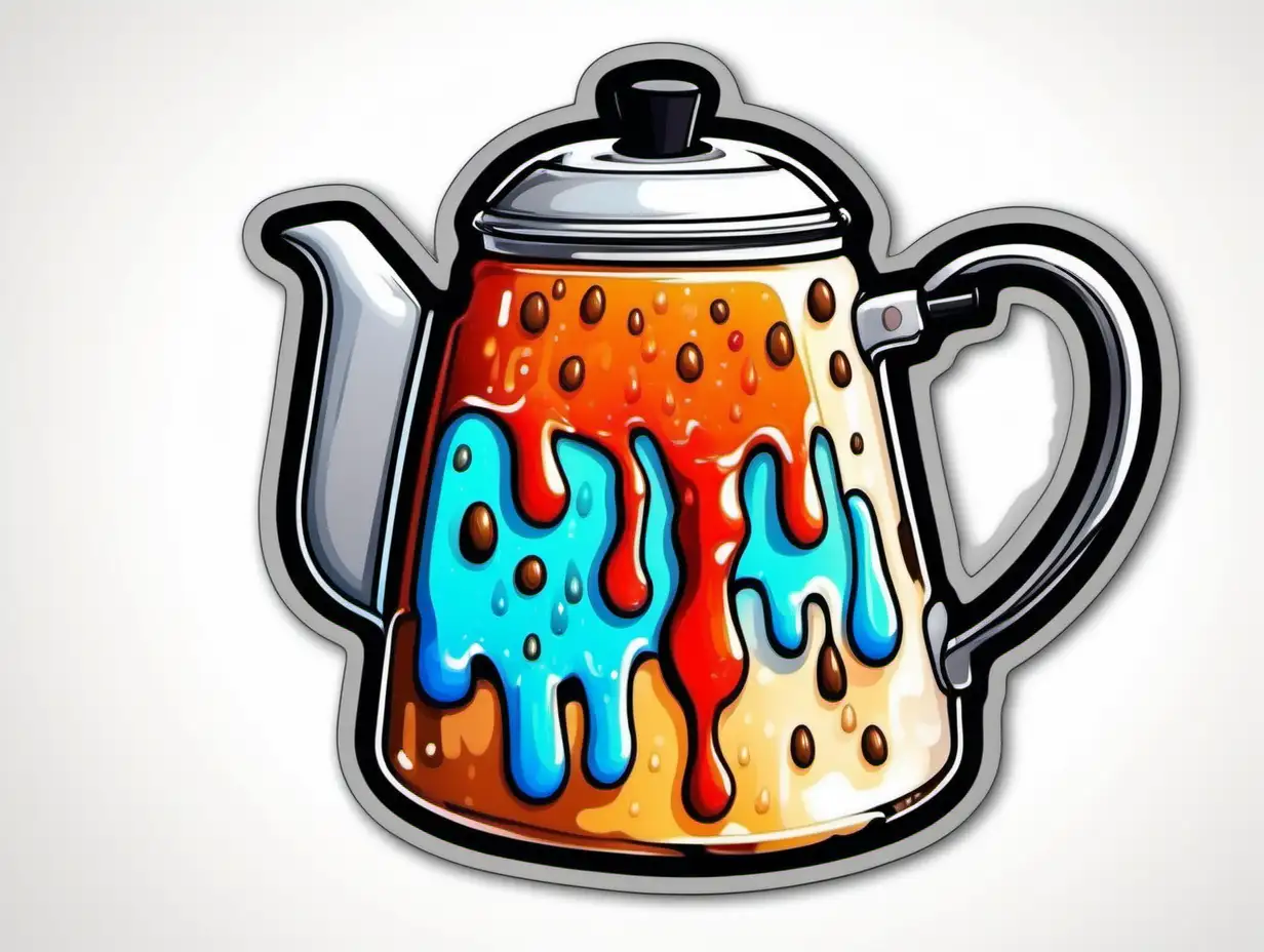a melting coffee percolator with vibrant color in the shape of a sticker, cartoon, white background