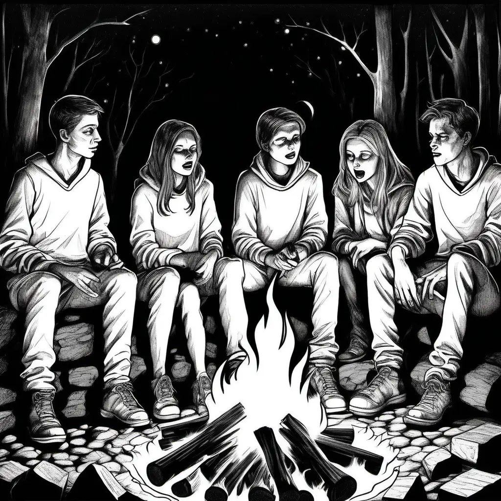 simple black and white  drawing of  2-women and 3-men teenagers dressed in white and no  hoodies, and sitting around a campfire on a scary night 