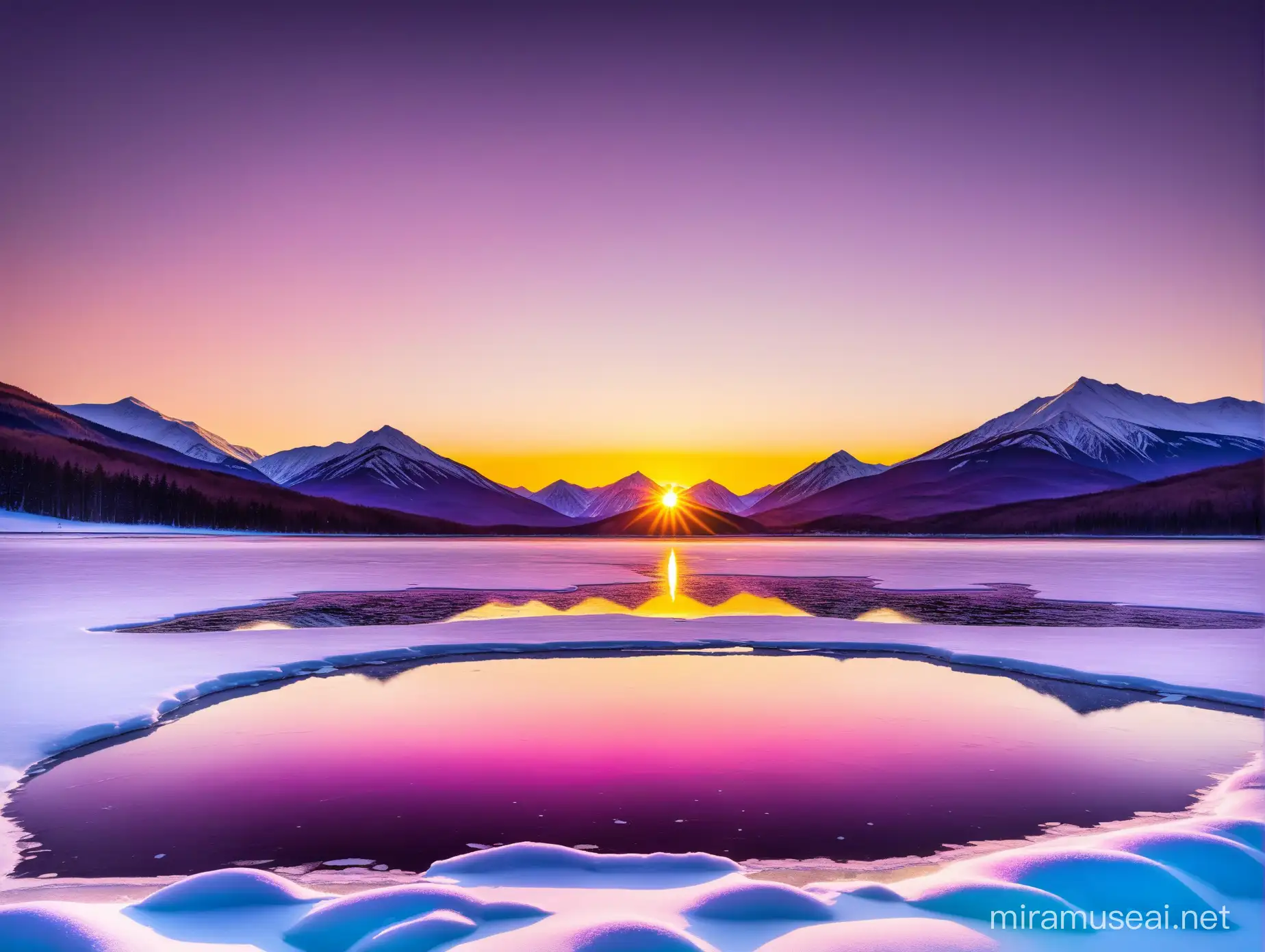 sunset, beautiful sky with vibrant colours in gold, pink and violet, mountains in the background, the sun sets behind the mountain, frozen lake in front