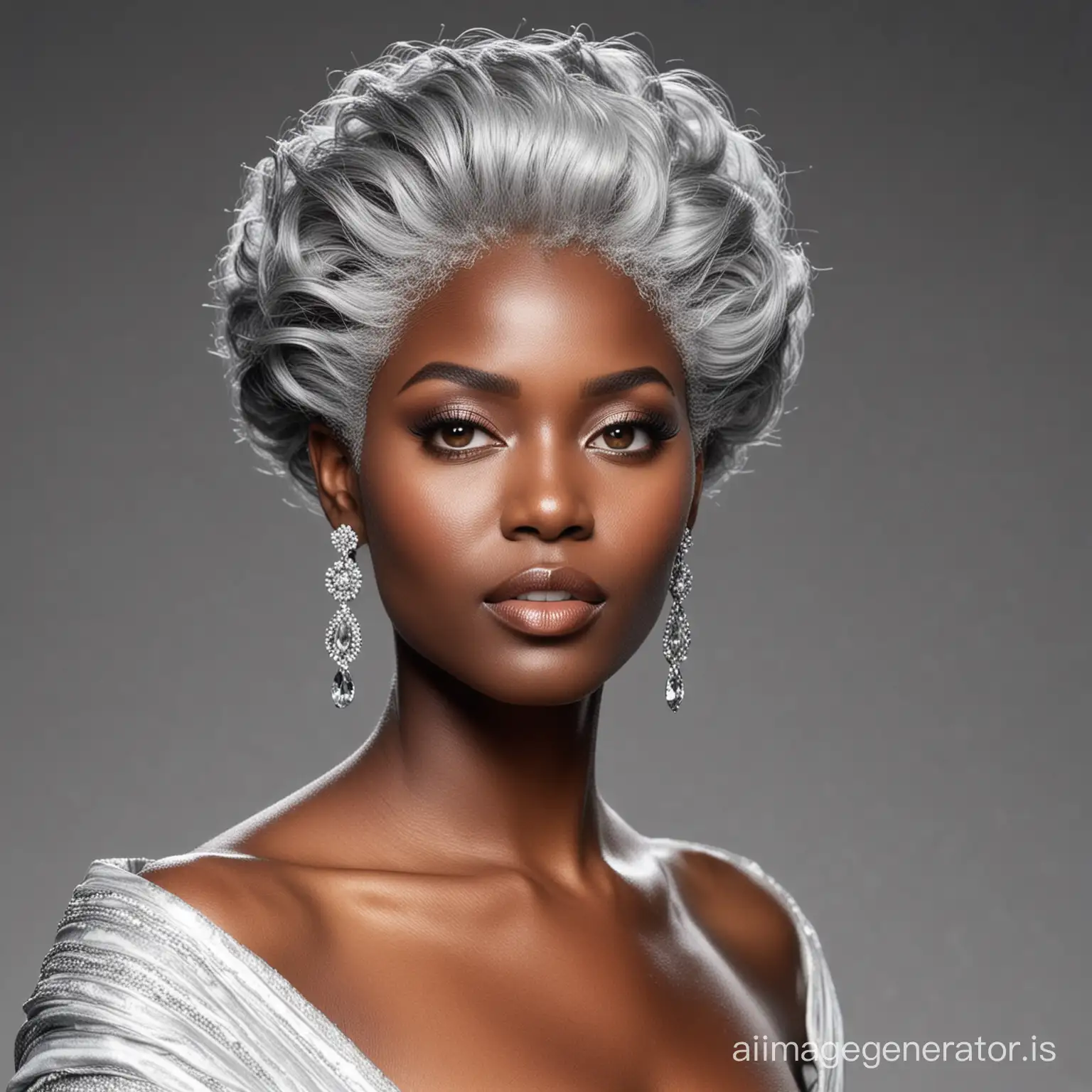 As she strides down the runway with confidence and grace, the beautiful black woman with grey hair commands attention like a regal queen. Her striking presence captivates onlookers, her every step exuding an air of sophistication and allure.

Her hair, a stunning contrast of ebony and silver, flows in luxurious waves around her shoulders. Each strand shimmers with a silvery sheen, catching the light and casting an ethereal glow. Despite its unconventional hue, her grey hair frames her face with elegance and distinction, adding a touch of mystery to her captivating beauty.

Her facial features are exquisite and finely sculpted, with high cheekbones and full lips that exude sensuality and strength. Her smooth, cocoa-toned complexion radiates a natural luminosity, enhancing her stunning features and drawing attention to her striking gaze.

Speaking of which, her eyes are pools of depth and wisdom, a mesmerizing shade of grey that holds a thousand stories within their depths. They sparkle with intelligence and confidence, captivating all who meet her gaze.

Draped in haute couture, she embodies the epitome of style and sophistication. Each garment accentuates her curves and complements her statuesque figure, enhancing her natural beauty and commanding attention with every strut.

In essence, the beautiful black woman with grey hair is a vision of timeless elegance and strength. Her presence on the runway is nothing short of magnetic, leaving an indelible impression on all who have the privilege of witnessing her grace the catwalk.