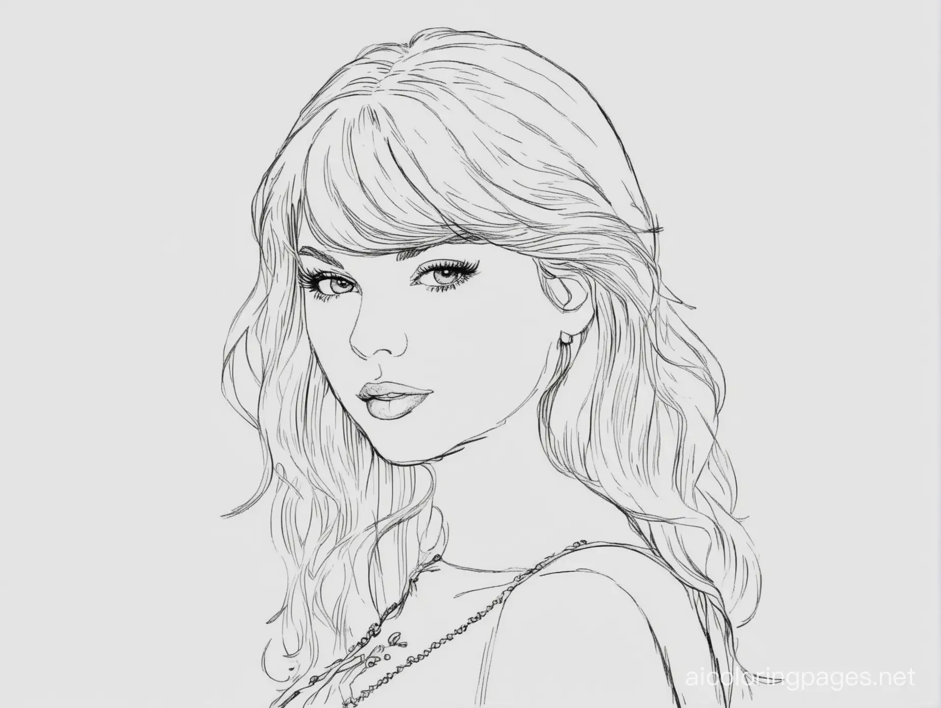 Taylor Swift silhouette coloring page, Coloring Page, black and white, line art, white background, Simplicity, Ample White Space. The background of the coloring page is plain white to make it easy for young children to color within the lines. The outlines of all the subjects are easy to distinguish, making it simple for kids to color without too much difficulty