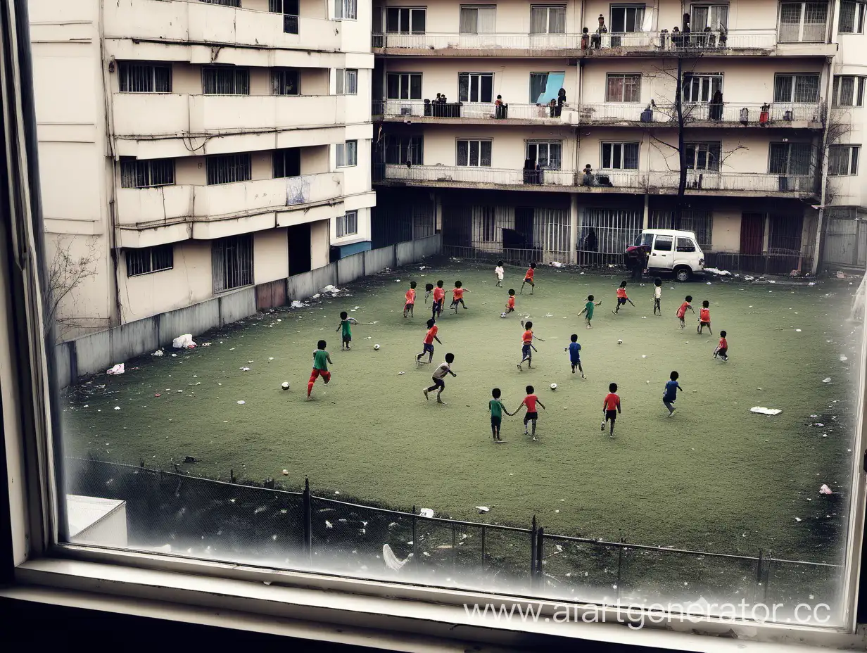 сделай картинку где вид из квартиры в окно на половину сильно грязное а на половину чистое и в на чистой стороне видно как дети играют в футбол