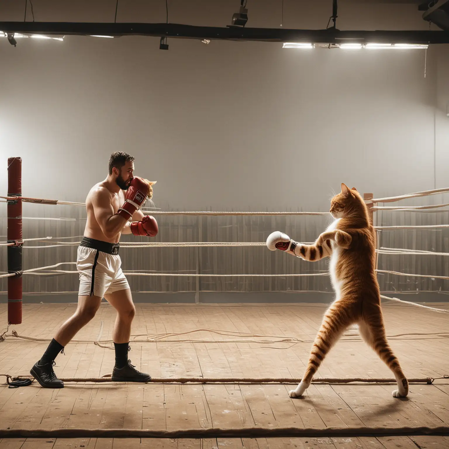 cat and man boxing in a ring