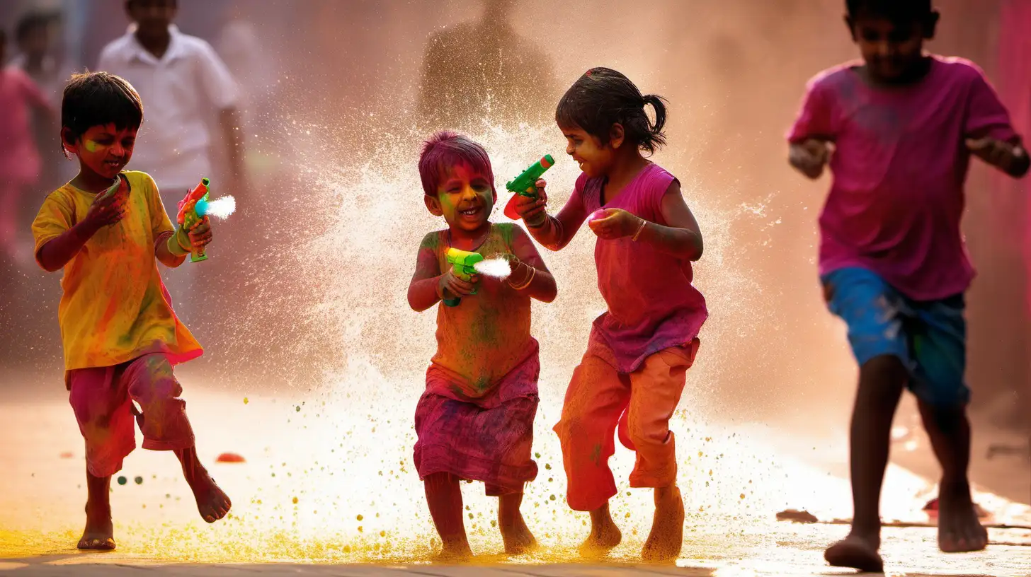 "Craft a scene of children playing with water guns and water balloons, enjoying the playful aspects of Holi in a safe and festive environment."