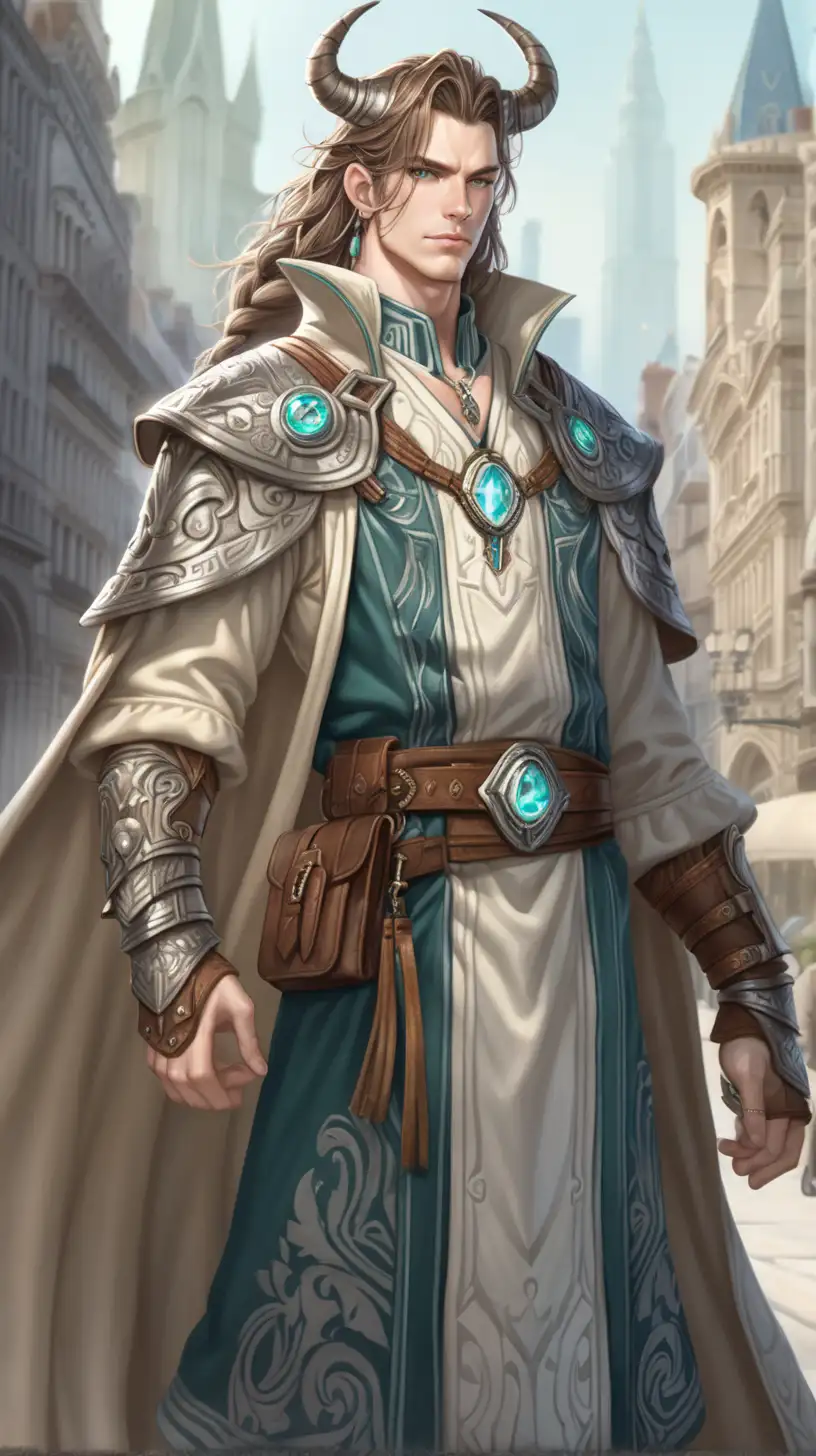 A 27-year old lithe man with two elegant horns stands amidst a big city, he is clean-shaven with pale skin. He has medium-length wavy hair with a braid, adorned in simple accessories. His eyes are pallid, unseeing. His attire consists of a mix of rugged adventurer's gear and elements of mystical robes with intricate armor pieces that hint at his arcane abilities. He has a cape. Around his neck, he wears a prominent, ancient amulet, glowing subtly. 