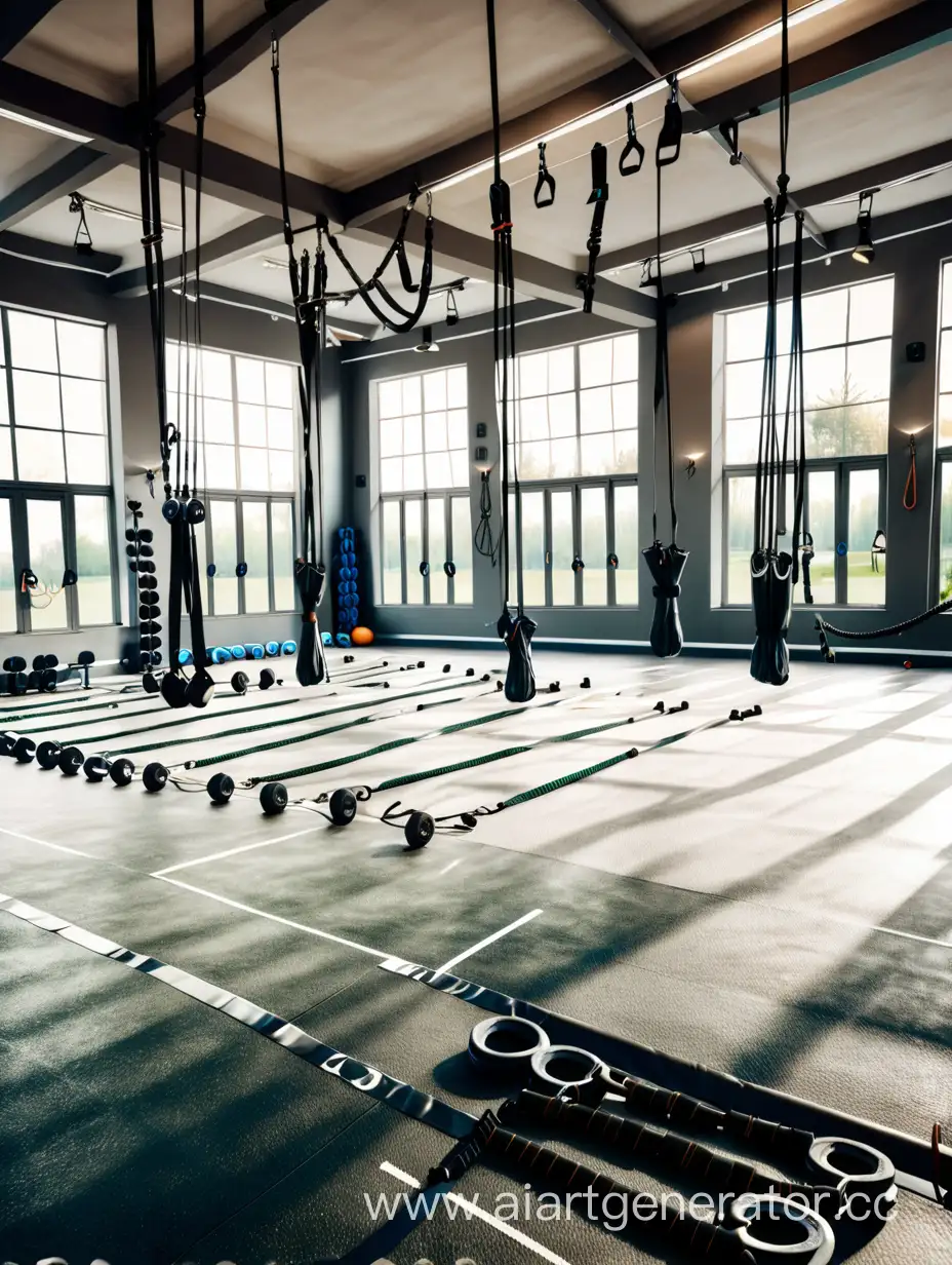 view of a large spacious beautiful gym with jump ropes, harnesses, dumbbells in the background, with light from the windows