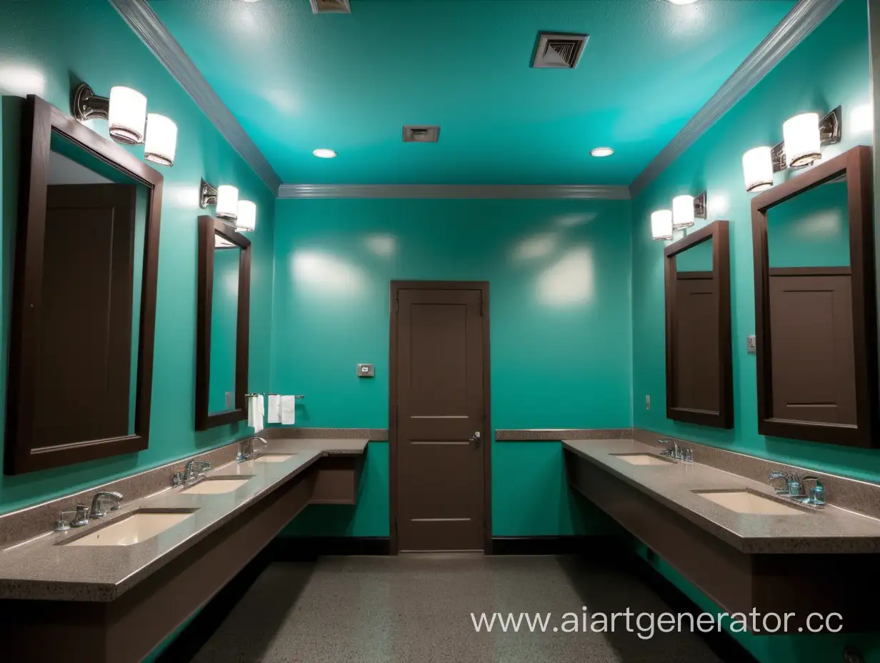 общественные туалетные комнаты с приглушенным светом, зеркалами, большими коричневыми раковинами, бирюзовым потолком и лепниной 