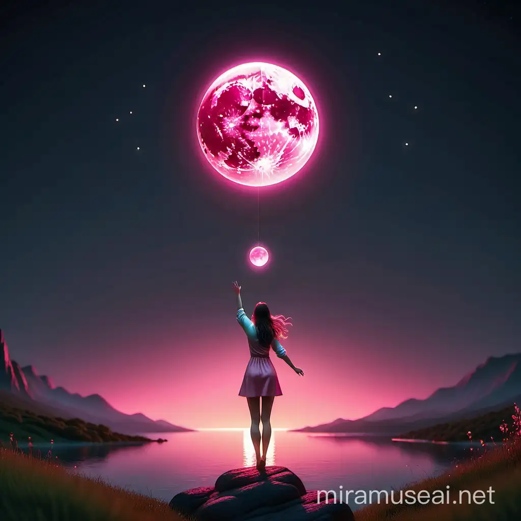 Minimalistic Woman Catching Pink Moon at Midnight 3D Realistic Illustrator Art
