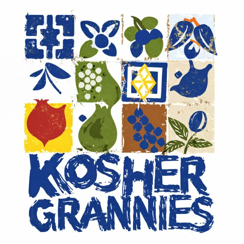 logo, Israel, yellow, blue, white, Jewish tiles, Paul Klee, fig, pomegranate, olives, grapes, with the text 'Kosher Grannies', in Portuguese tiles, typography, be used in Automotive industry