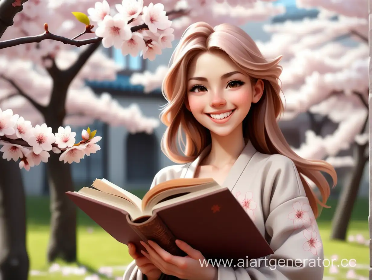 beautiful girl, European appearance, smile, open book in hands, blooming sakura in the background