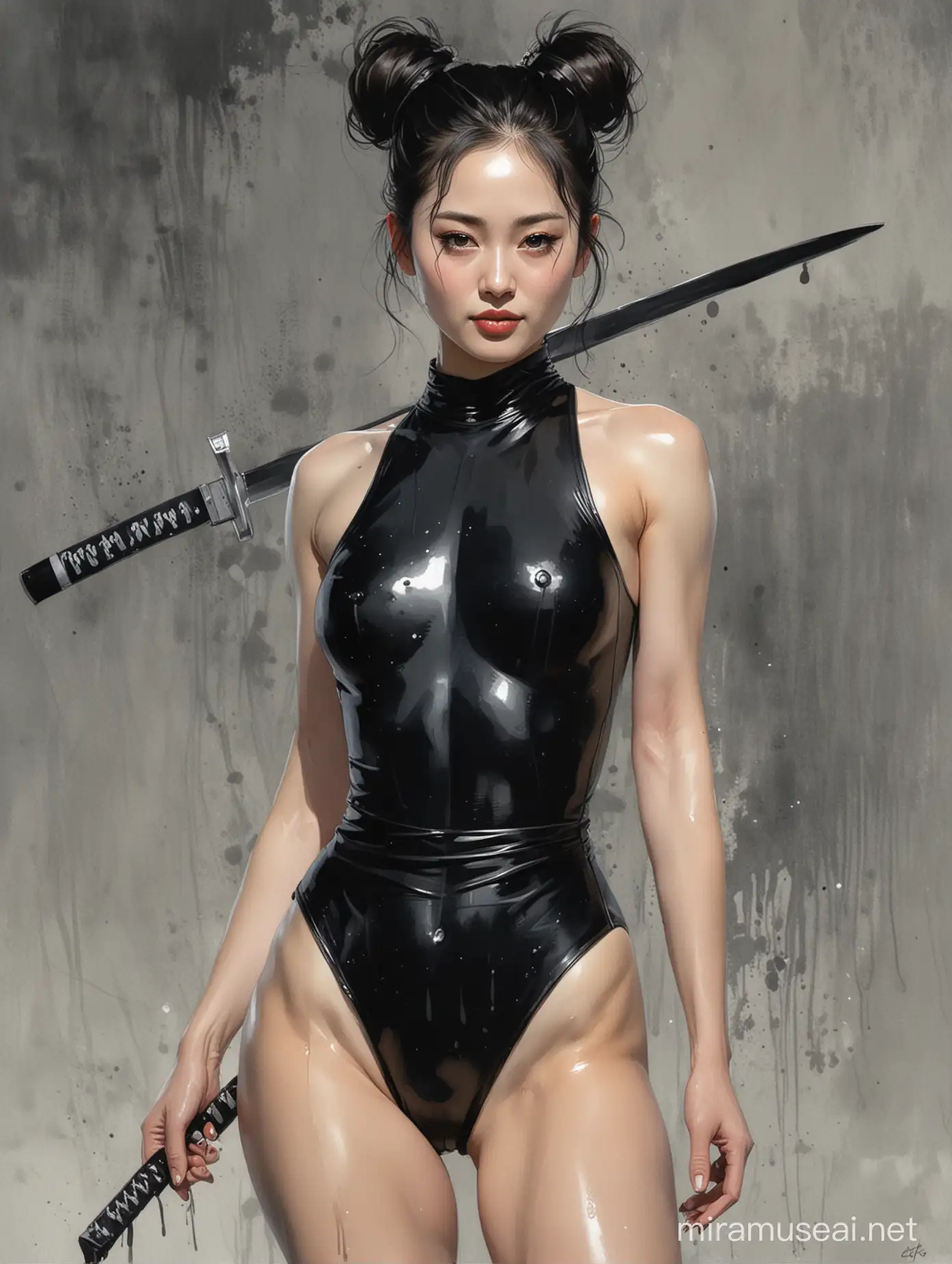 Alex Maleev illustration depicting very pale alluring evilly smirking Kim Tae-hee wearing shiny black high neck one-piece swimsuit holding a short katana,  smooth shapely thighs, seductive, arms over her head, bun hair, messy watercolor, no distortion, gray palette, insanely high detail, very high quality, seen from above, high angle view