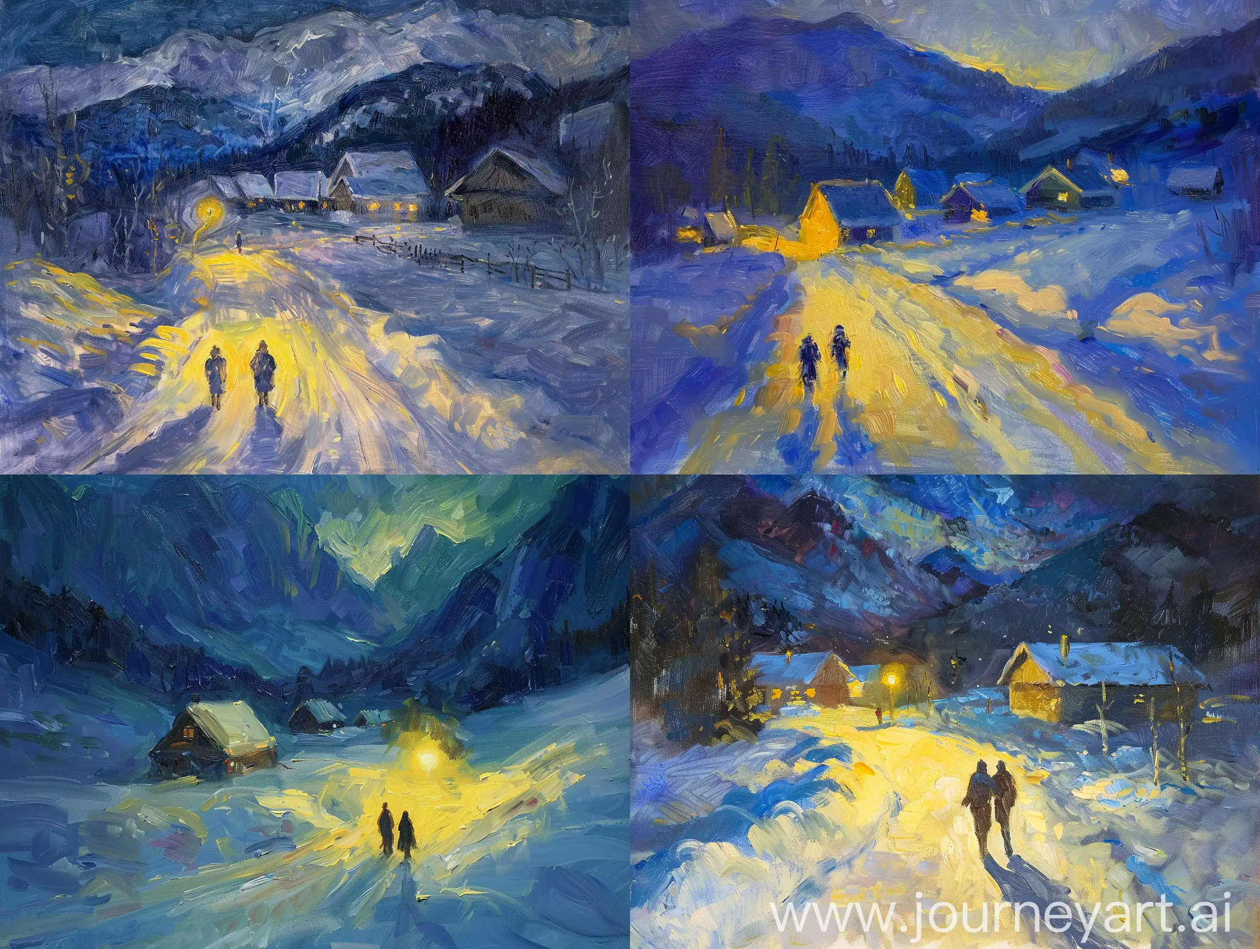 Nocturnal-Winter-Scene-Two-Figures-Walking-Down-Illuminated-Path