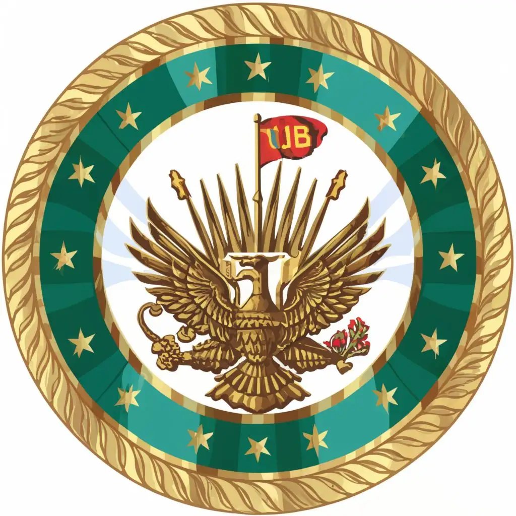 logo, military logo, golden frame, vital soldier, flag of Uzbekistan, coat of arms of Uzbekistan, golden stars, with the text "uzb", typography