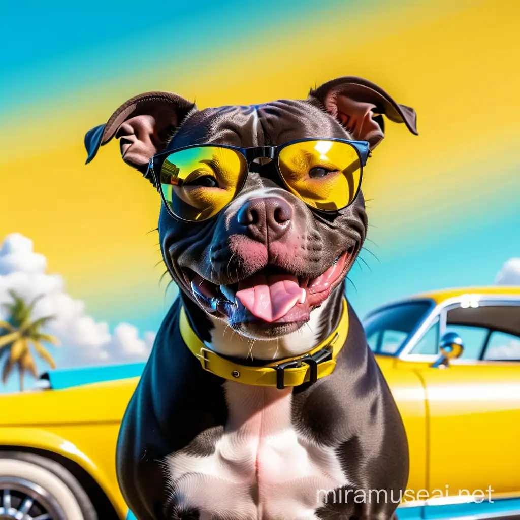 a black pit bull dog winking looking at the camera and giving a cool smile bright yellow and sky blue combination in background . the dog have little scars on his body.make the image in a gta style where the dog have some gangster style cars standing behind him wearing black color glasses 