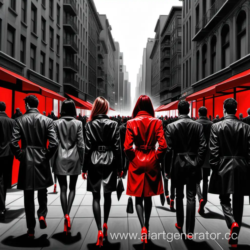 Нарисуй в реализме город, в чёрно крассных оттенках, все люди ходят там в пиджаках с острыми плечами и в лабутенах