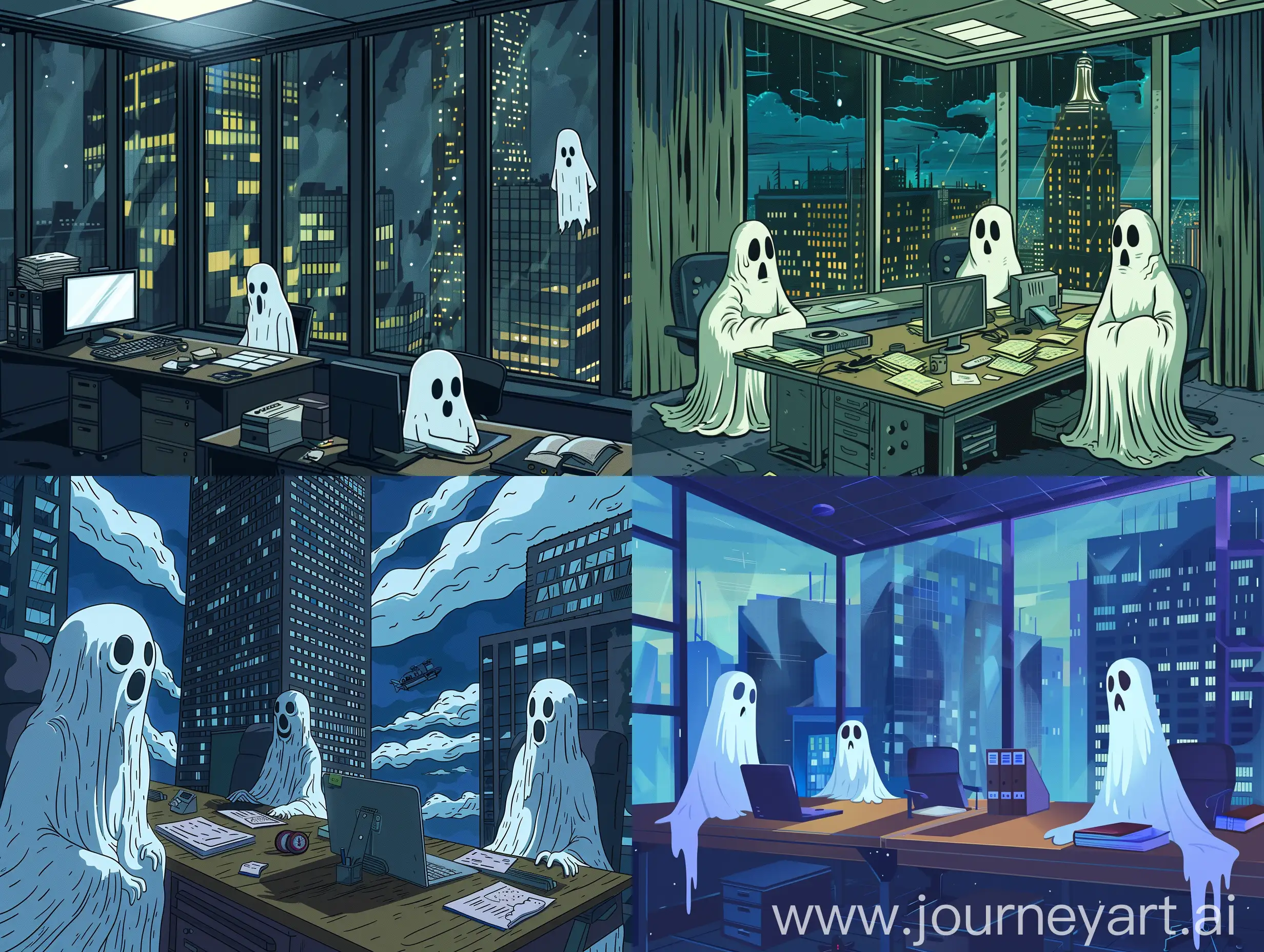 Cartoon-Ghosts-Collaborating-in-Skyscraper-Office