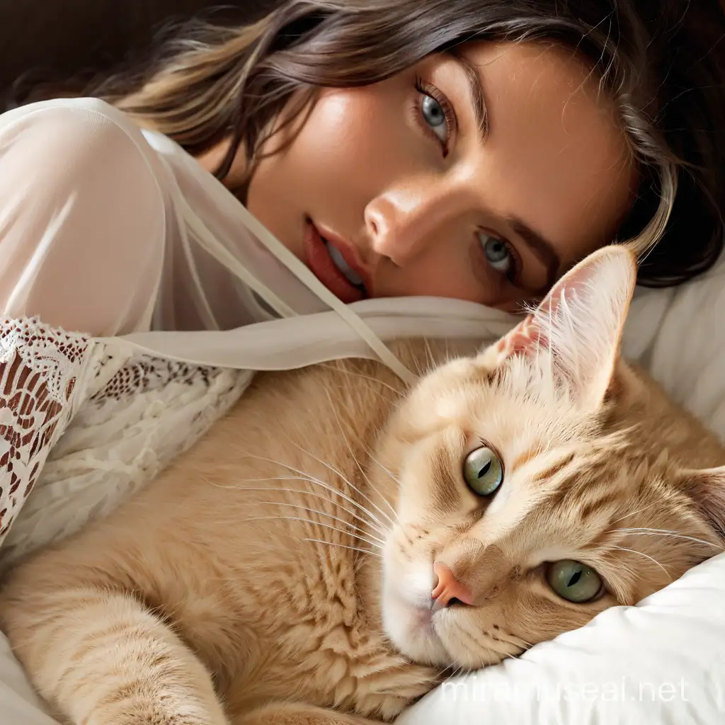 Generate blonde model looking like Elsa Hosk lying in bed with her cat, white lace dress