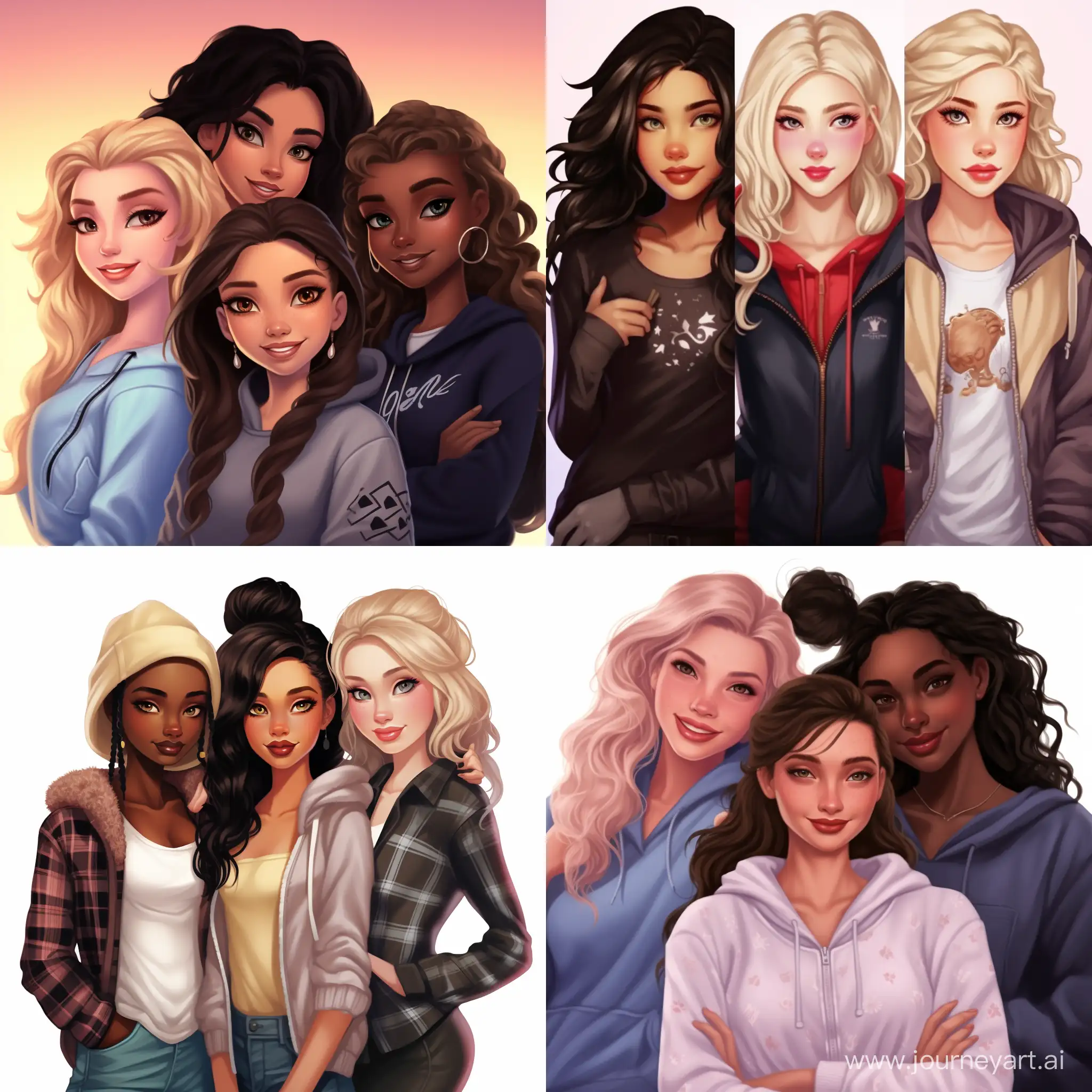 Diverse-Girl-Squad-DarkHaired-Beauty-Strict-Brunette-Cute-Little-Black-Woman-and-SoftSmiling-Blonde-in-HighQuality-Cartoon-Art