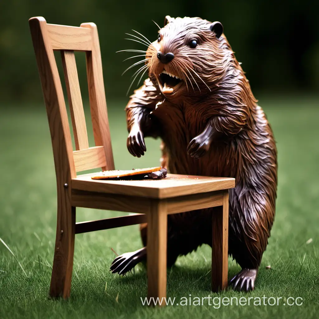Energetic-Beaver-Playfully-Gnaws-Wooden-Chair