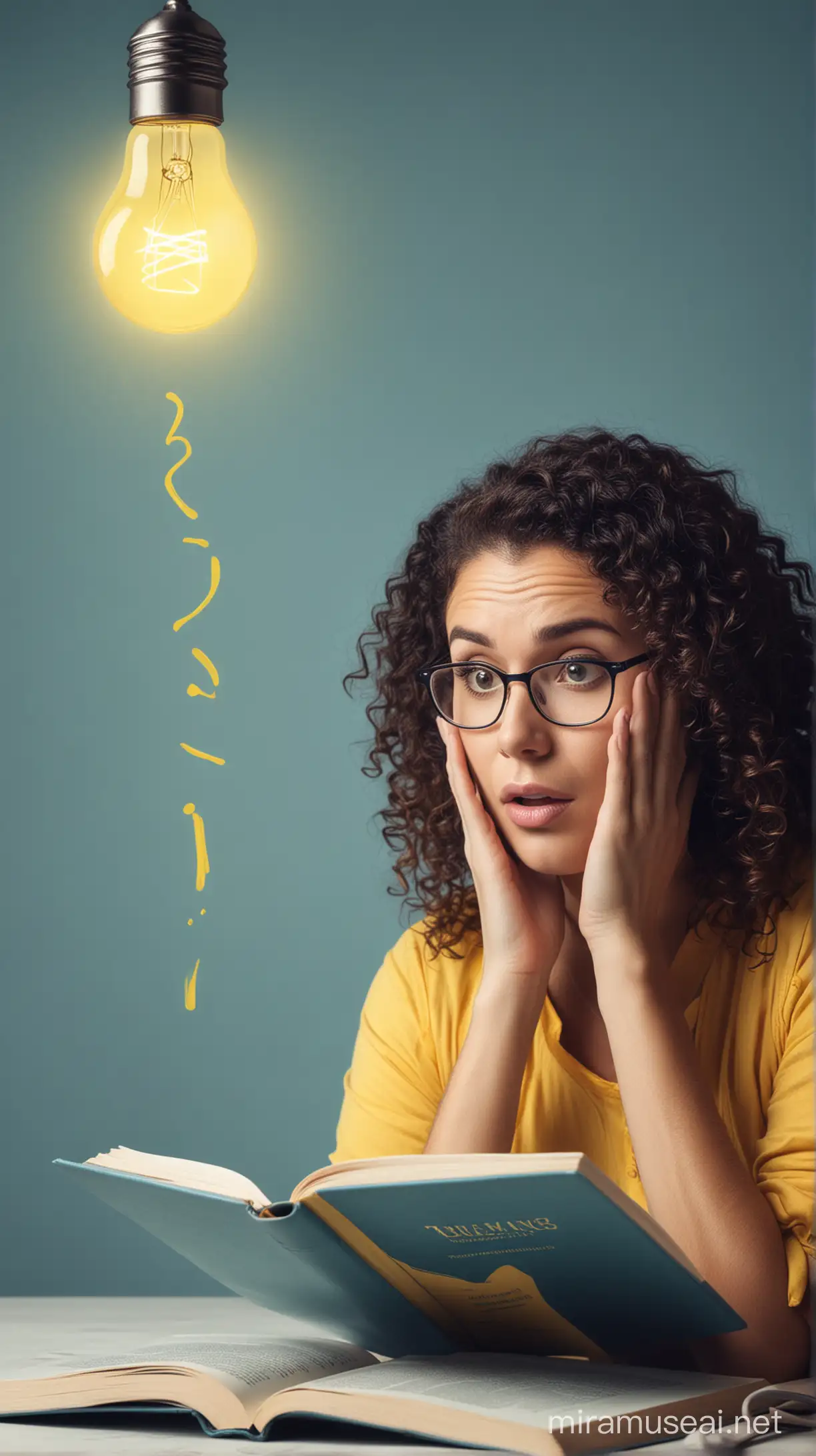 Create a professional design for an MLM training session that features a person looking confused while reading a book, with a lightbulb turning on above their head. Use blue and yellow colors to convey a sense of clarity and optimism.