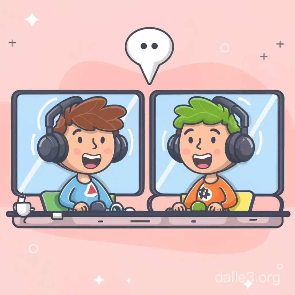 Create an image of two video game characters sitting in front of a computer with a microphone. Style: cartoon Size: 1500 px by 500px