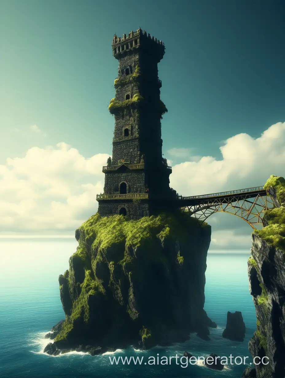 Giant ancient tower of black stone overgrown with moss on top of a cliff above the azure sea with a bridge of a gold