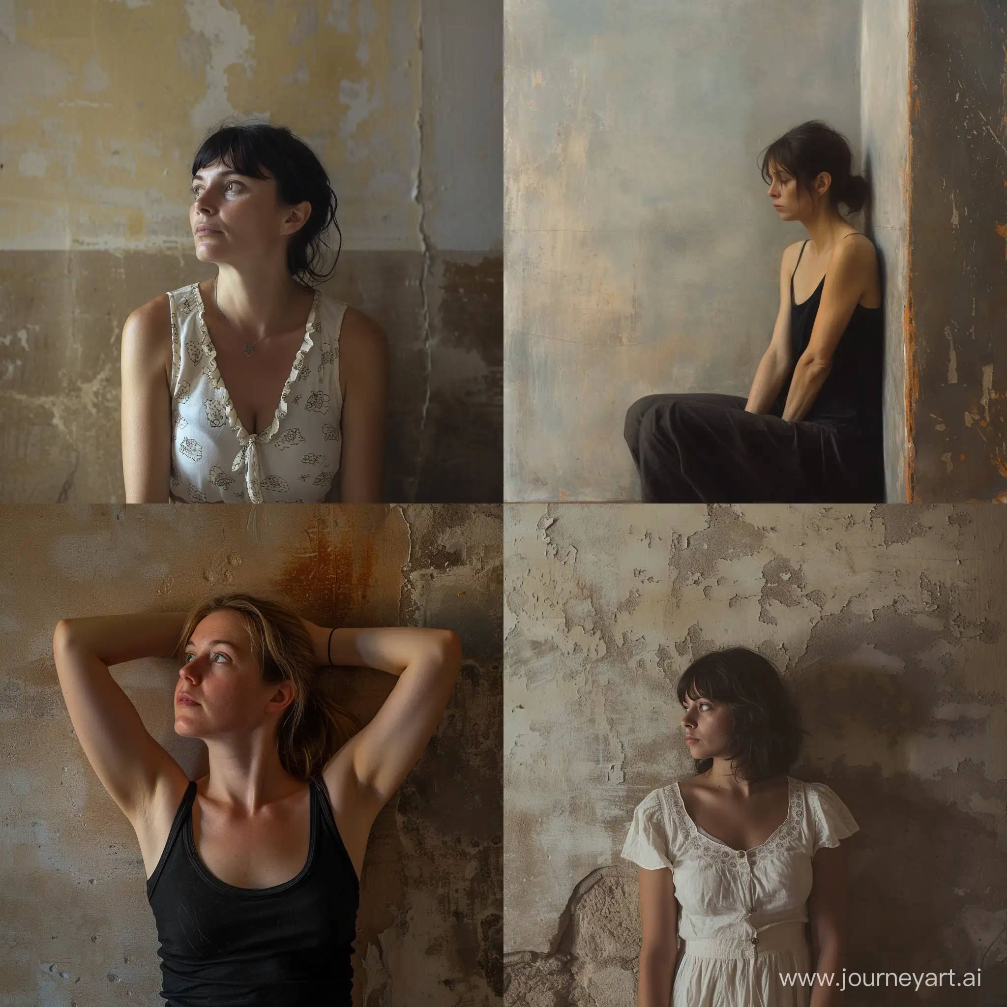 Full body height intimate photo of a stylish 40 years old Italian woman, in front of a brownish faded flat wall, melancholic eyes, ethereal expression, eye contact, eye contact, cinematic lighting, summer daylight, shot with CineStill 50::2, in the style of Euan Uglow::2 --style raw
