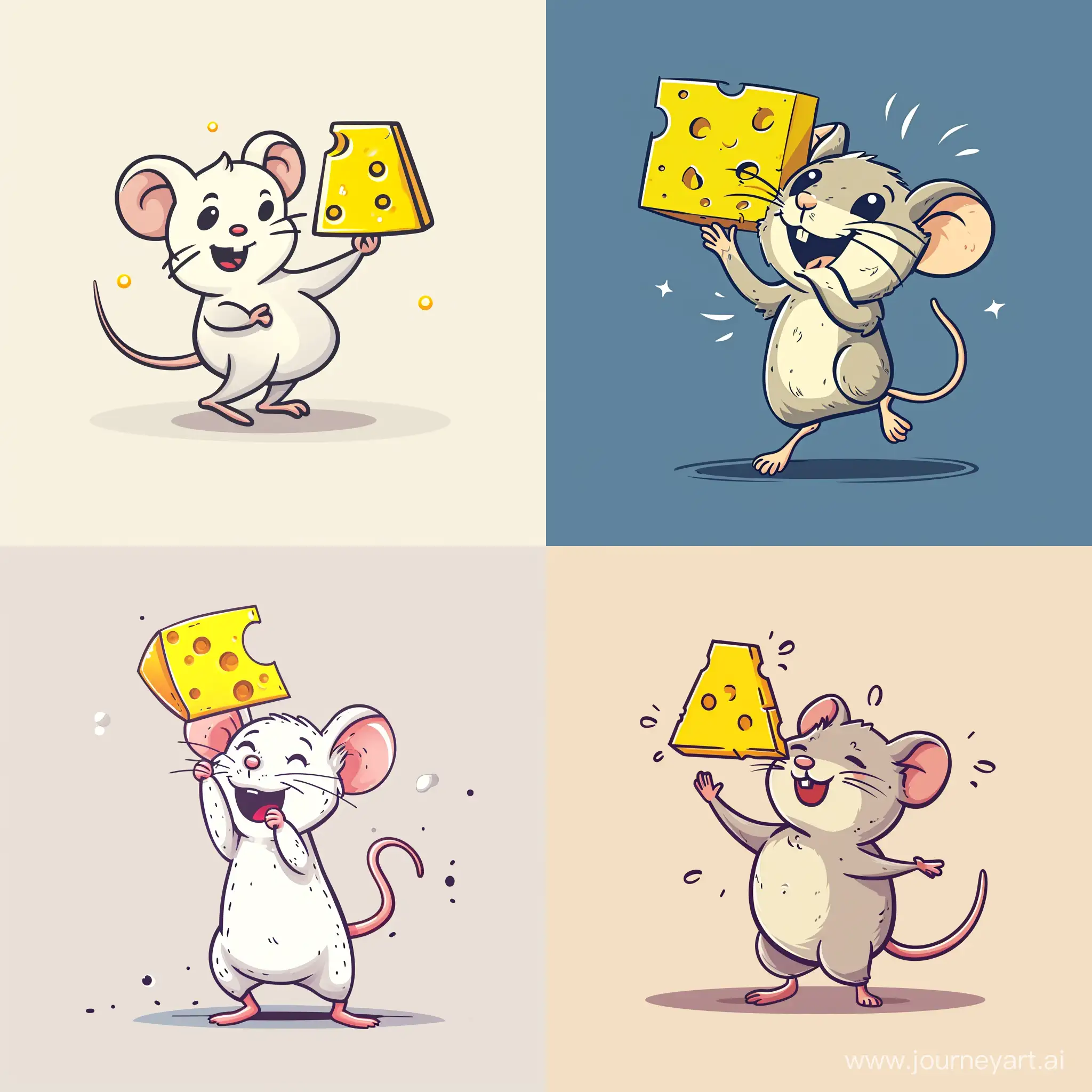 一只老鼠找到了一个黄色奶酪，高兴的举着奶酪跳起来，极简线条，卡通风格，设计师Seiji Matsumoto
