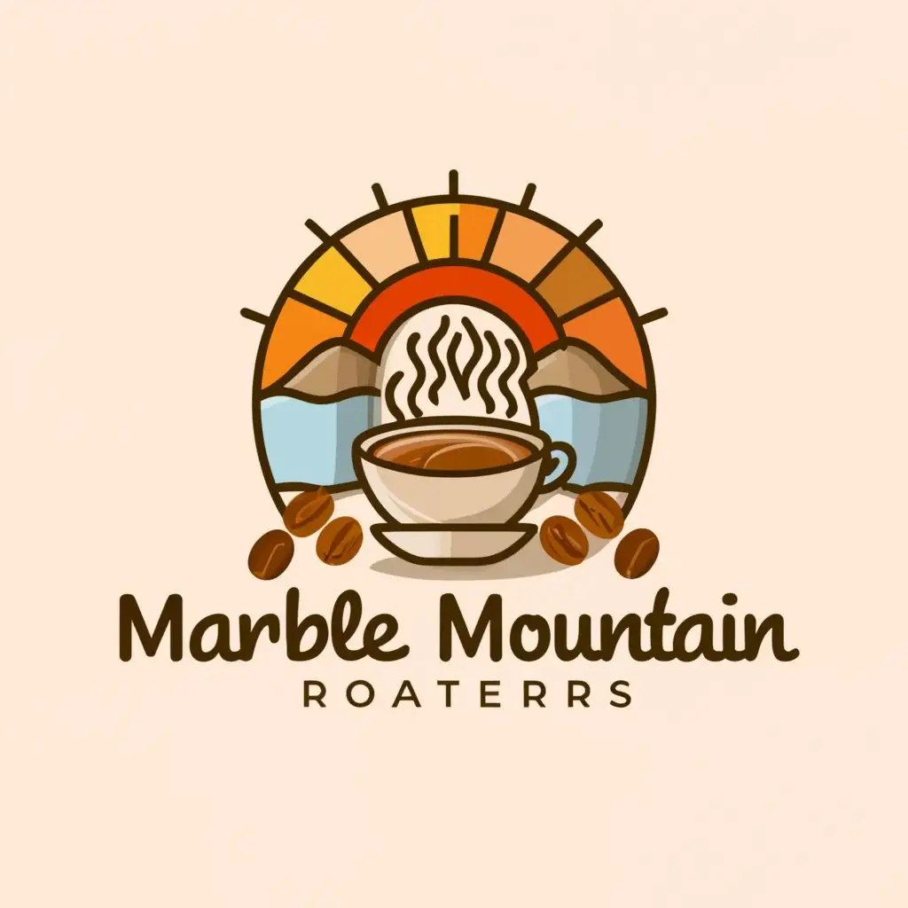 LOGO-Design-For-Marble-Mountain-Roasters-Coffee-Cup-and-Mountain-with-Sun-Theme