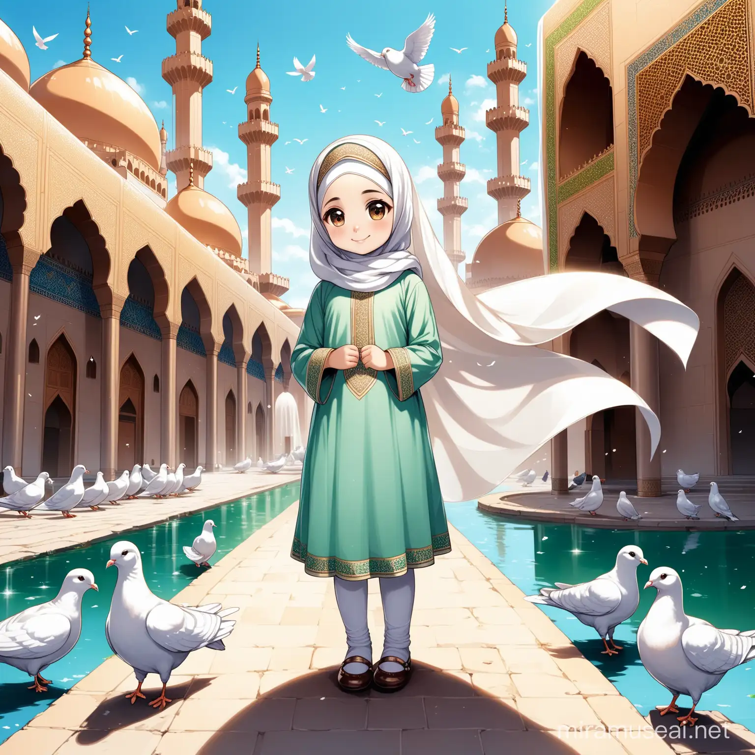 Character Persian little girl(full height, Big white flag in one hand proudly, Muslim, with emphasis no hair out of veil(Hijab), smaller eyes, bigger nose, white skin, cute, smiling, wearing socks, clothes full of Persian designs).

Atmosphere beautiful Jamkaran mosque, yard, the dome, pond with water fountain, many pigeons, nobody.