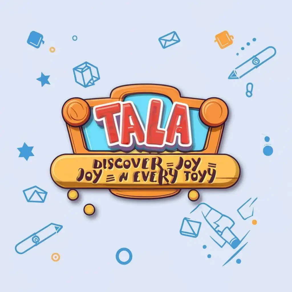 logo, Toys, with the text "Tala Toys shop signboard with slogan "Discover Joy in Every Toy" and contact information part", typography