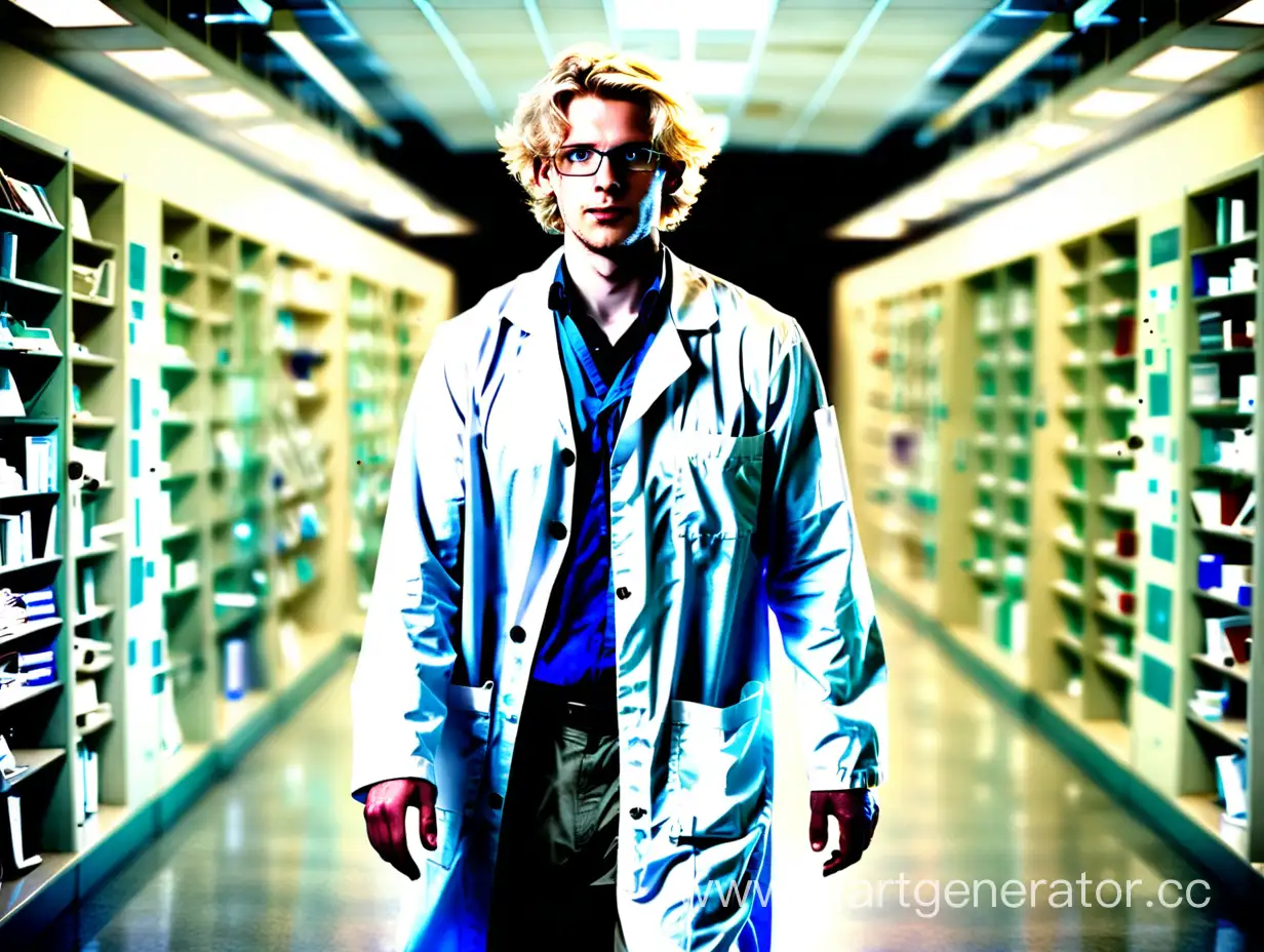 Prompt: A 30-year-old light-haired male scientist is walking towards the camera.


