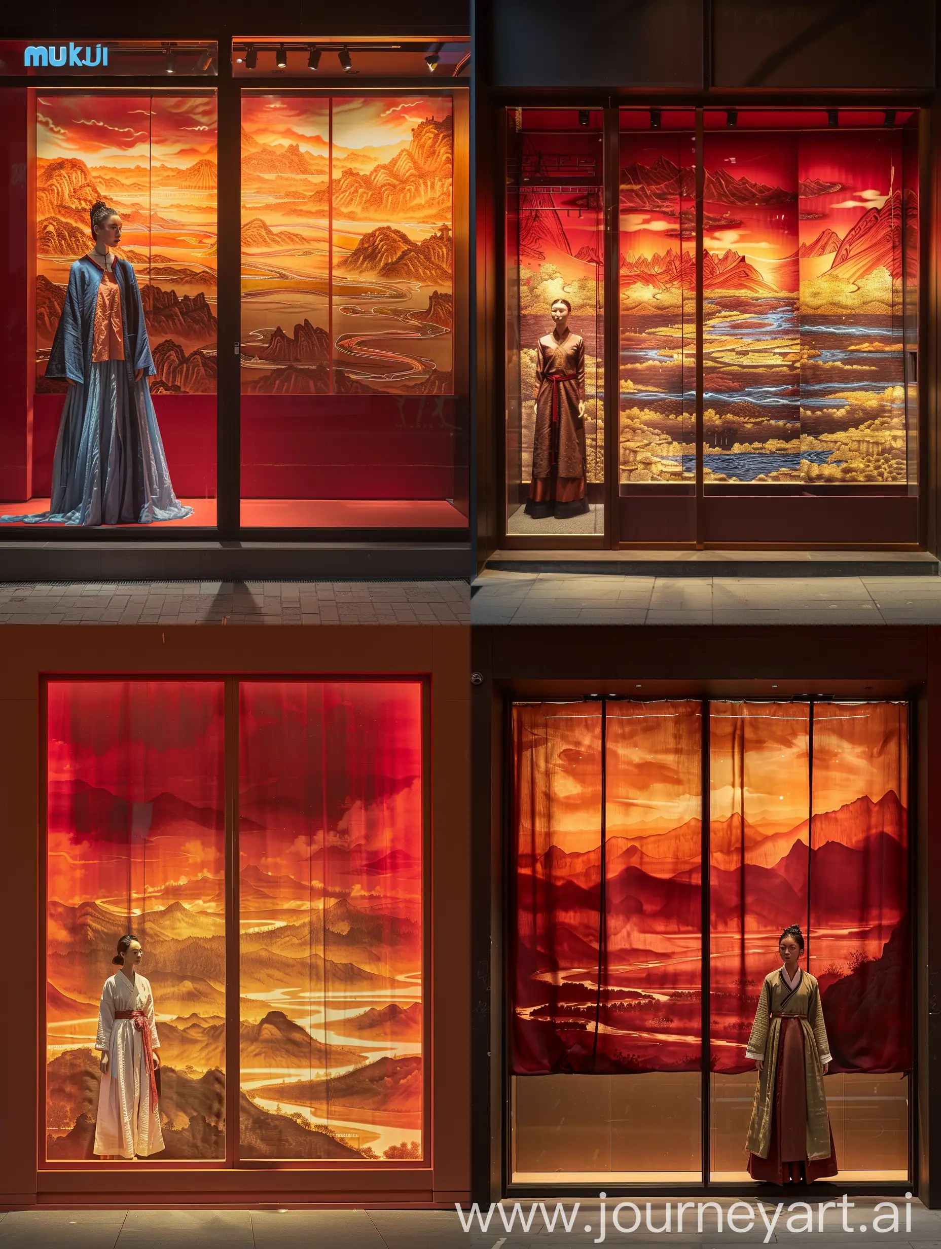  在西安城内有一个无印良品的店铺橱窗，橱窗是两层的，第一层是深红色背景前站有身着盛唐服装的模特；第二层一幅千里江山图，有暖色的背景光