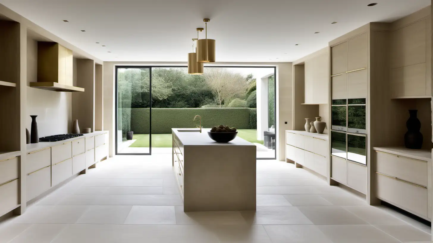 a Classic Contemporary large minimalist estate home; Blonde Oak; Brass; wall painted with Bauwerk Limewash in Bone; limestone floor;