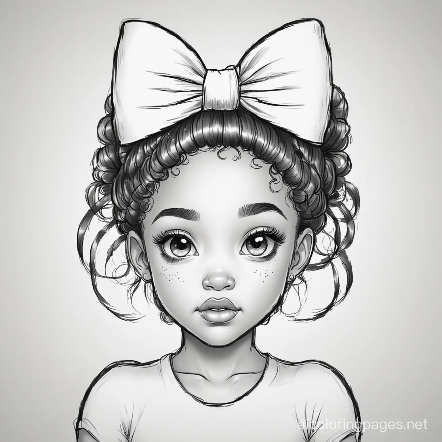 Black girl with a Christmas bow in her hair, Coloring Page, black and white, line art, white background, Simplicity, Ample White Space. The background of the coloring page is plain white to make it easy for young children to color within the lines. The outlines of all the subjects are easy to distinguish, making it simple for kids to color without too much difficulty