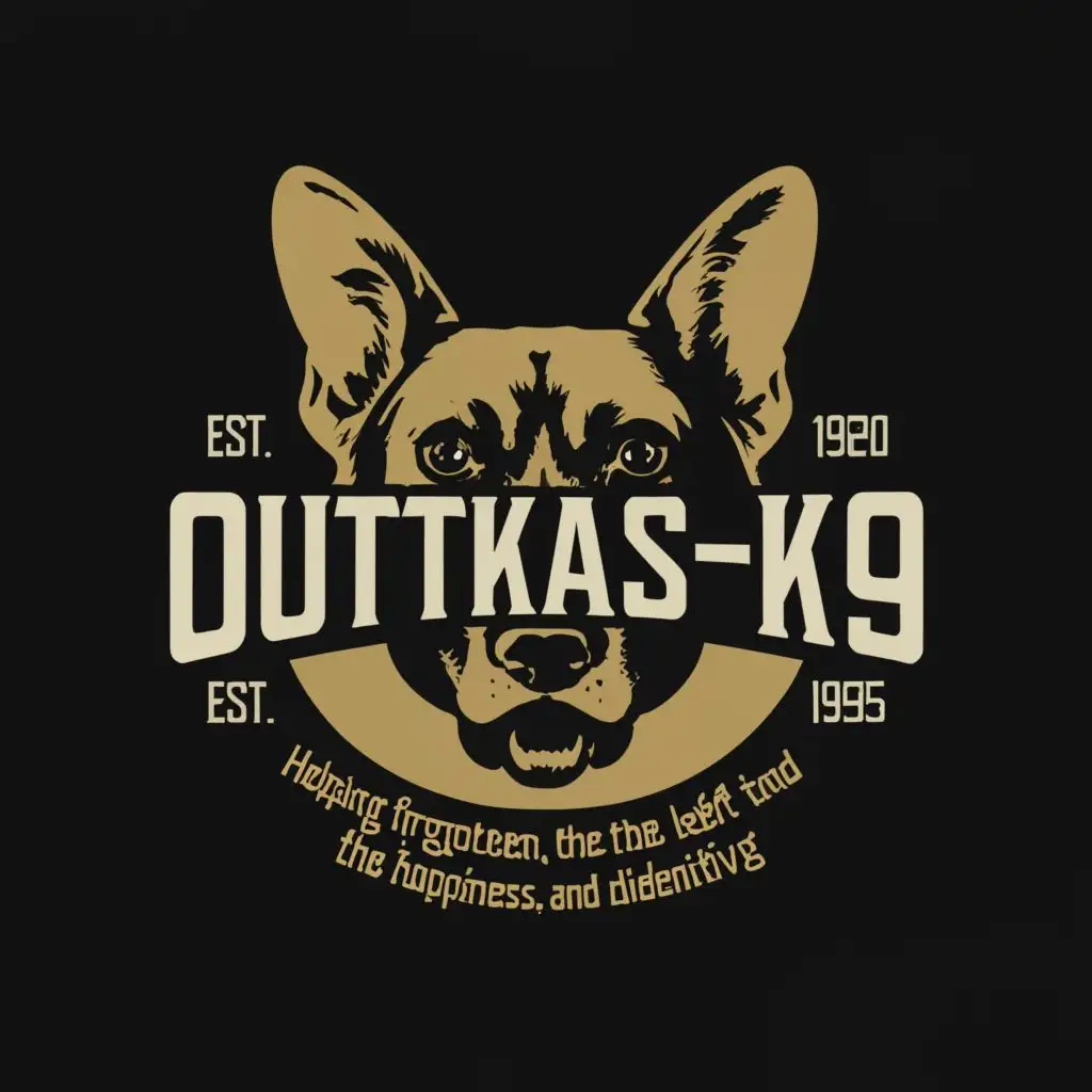 logo, a logo for a pet company named "OUTKAST K9" using Fugaz One font and Malinois
My mission statement is 'Helping the forgotten, the lost, the left behind and the misunderstood find their happiness, balance and identity in this world', with the text "dog", typography