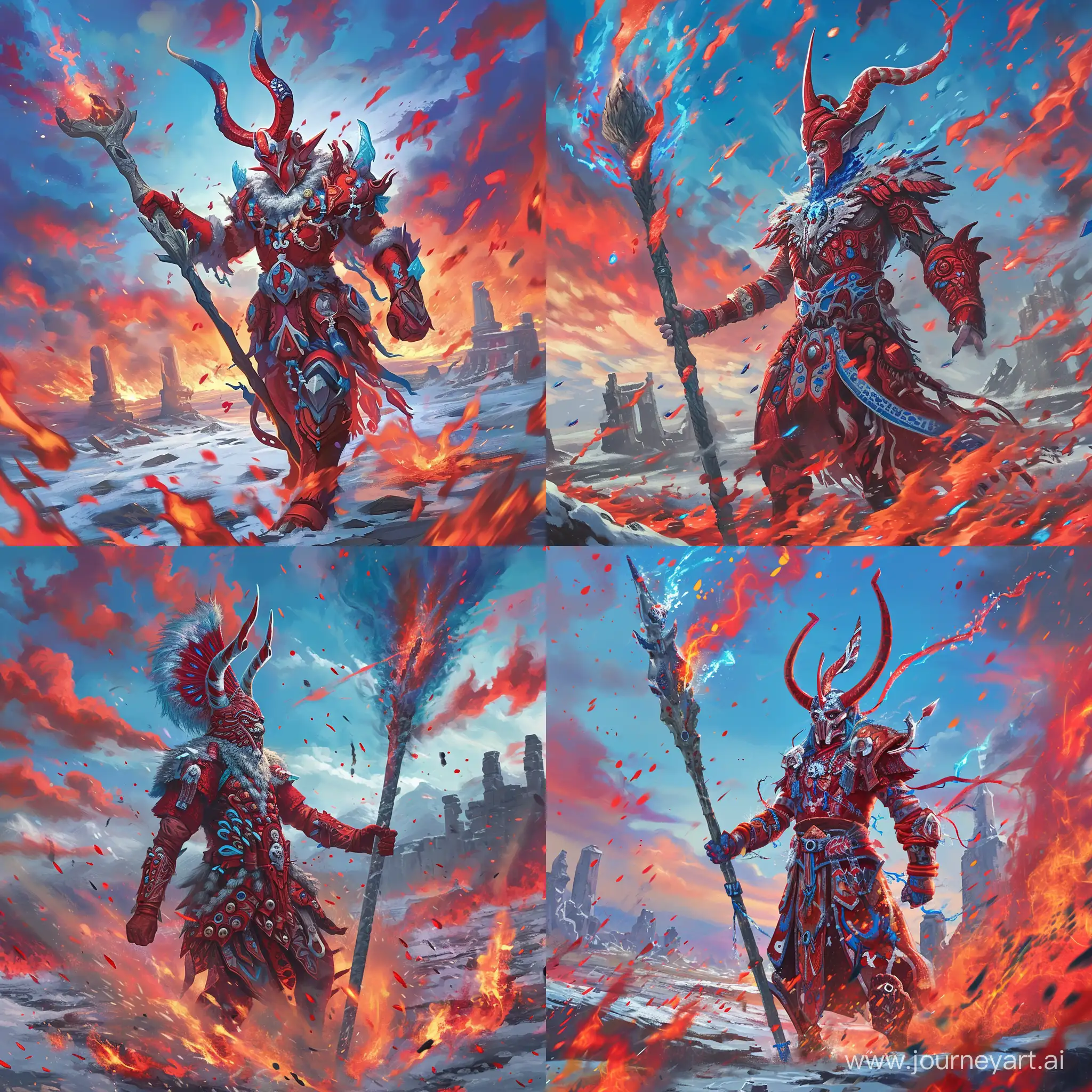 A warrior with a large staff stands in a fiery landscape. The sky is blue with red clouds, and the warrior wears a red armor with white and blue accents. The warrior also has a red helmet with tall horns and red, white, and blue patterns. The staff the warrior is holding is gray with a black and white pattern. The warrior is surrounded by red and blue flames, and there are red and blue sparks flying around. In the background, there are ruins covered in snow. --v 6