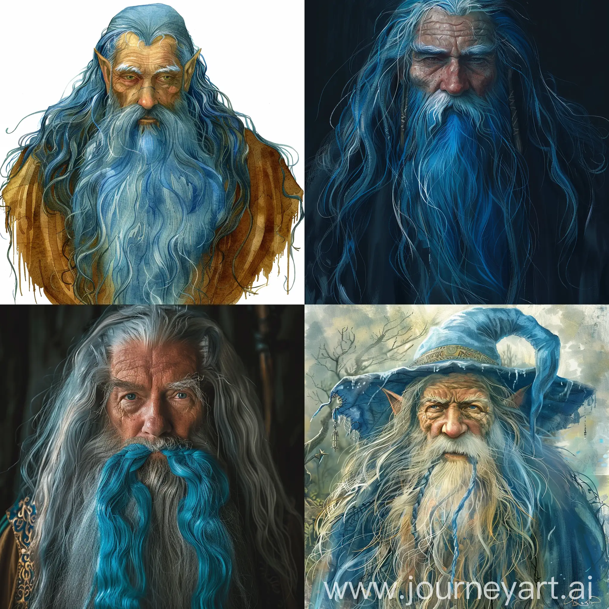 a wizard with a long blue beard