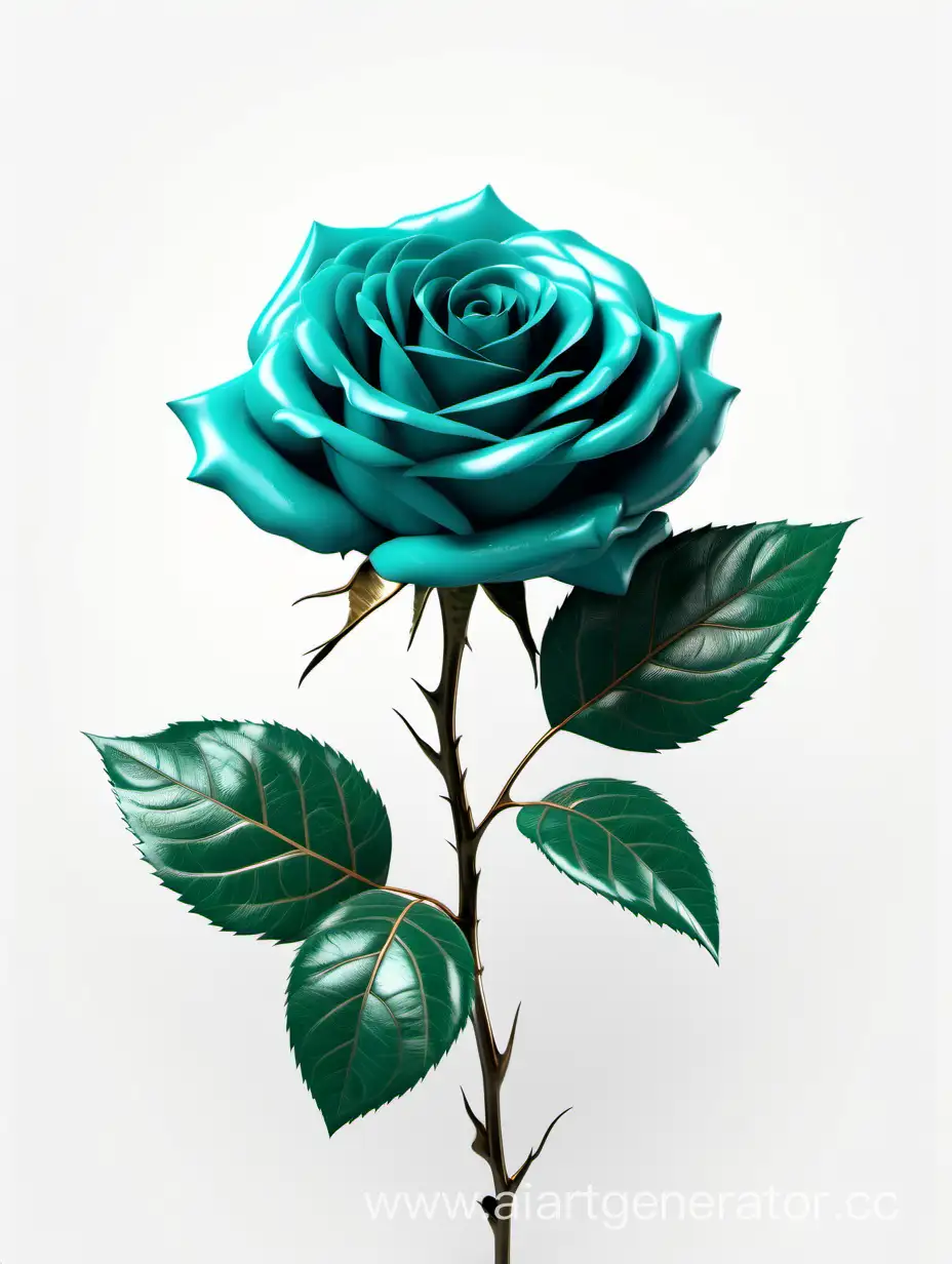 realistic dark Turquoise Rose 8k hd with fresh lush 2 green leaves on white background
