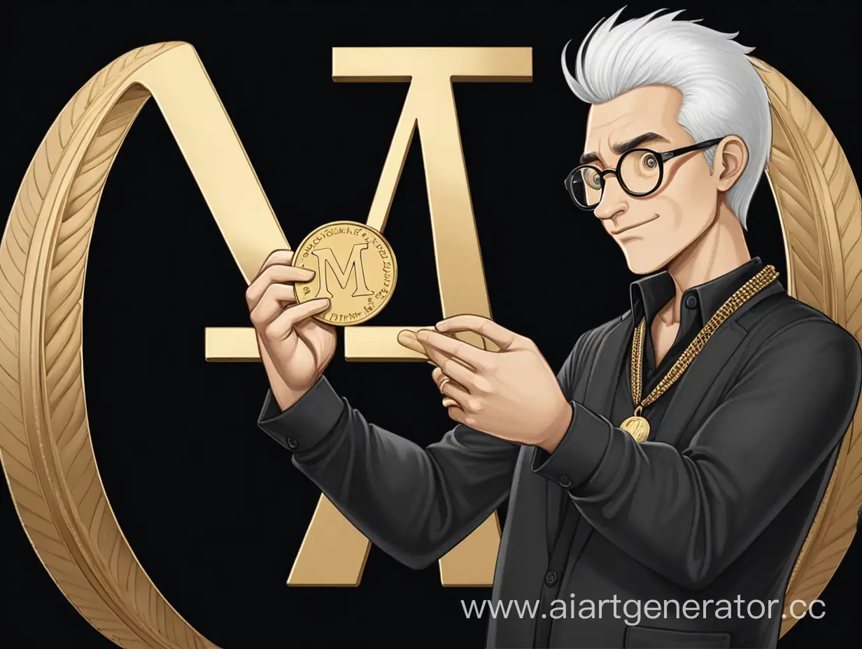 Elegant-Senior-with-GrayWhite-Hair-and-Glasses-Presents-Gold-Coin-with-M-Emblem