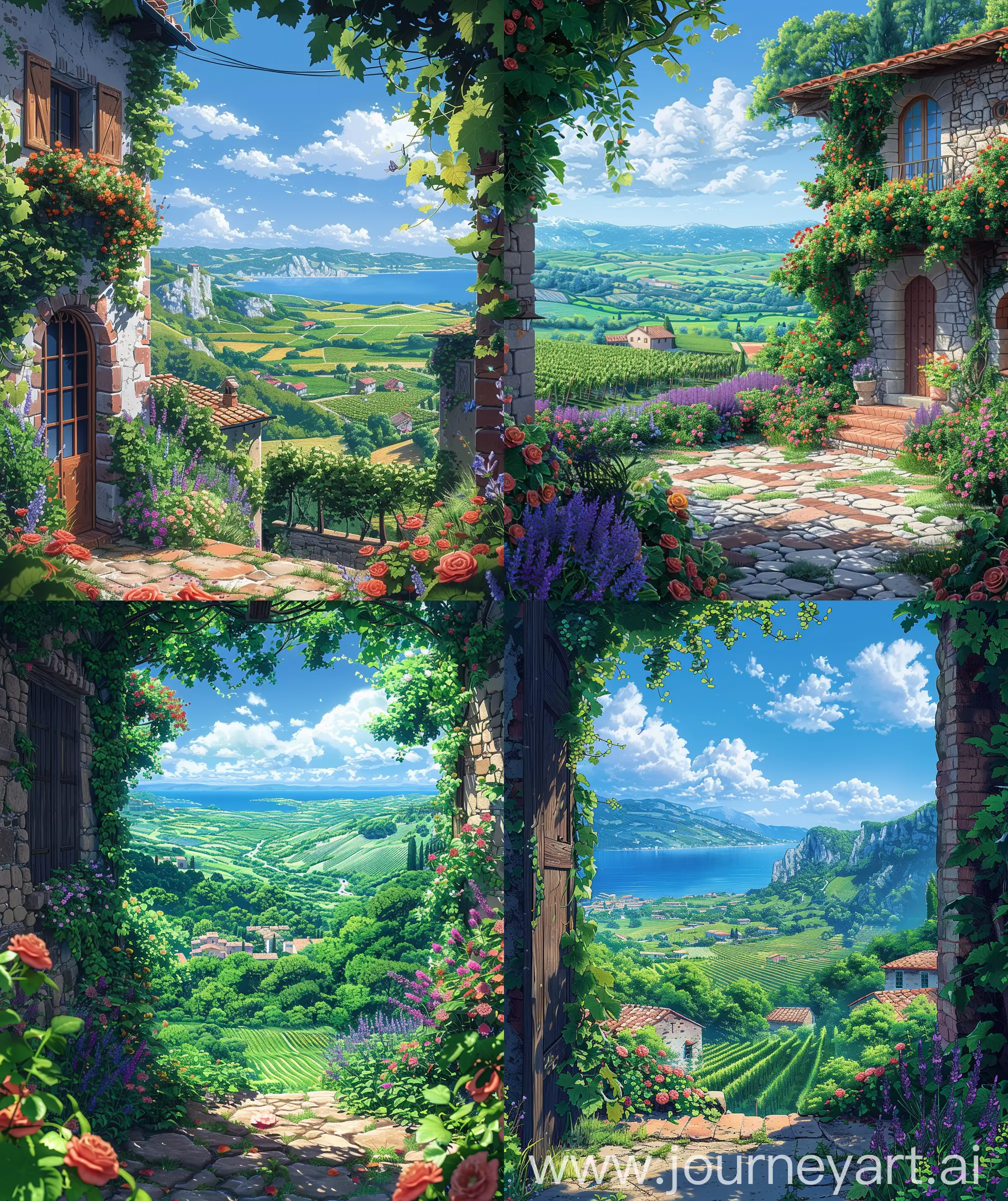 Beautiful anime scenary, illustration, mokoto shinkai style, direct front facade beautiful view of Tuscan valley, beautiful flowers, cove, ivy, grapes, flowers, lavender, roses, beautiful vibrant look, summer days, ultra HD, high quality, high resolution illustration anime, no blurry image, no hyperrealistic --ar 27:32 --s 600