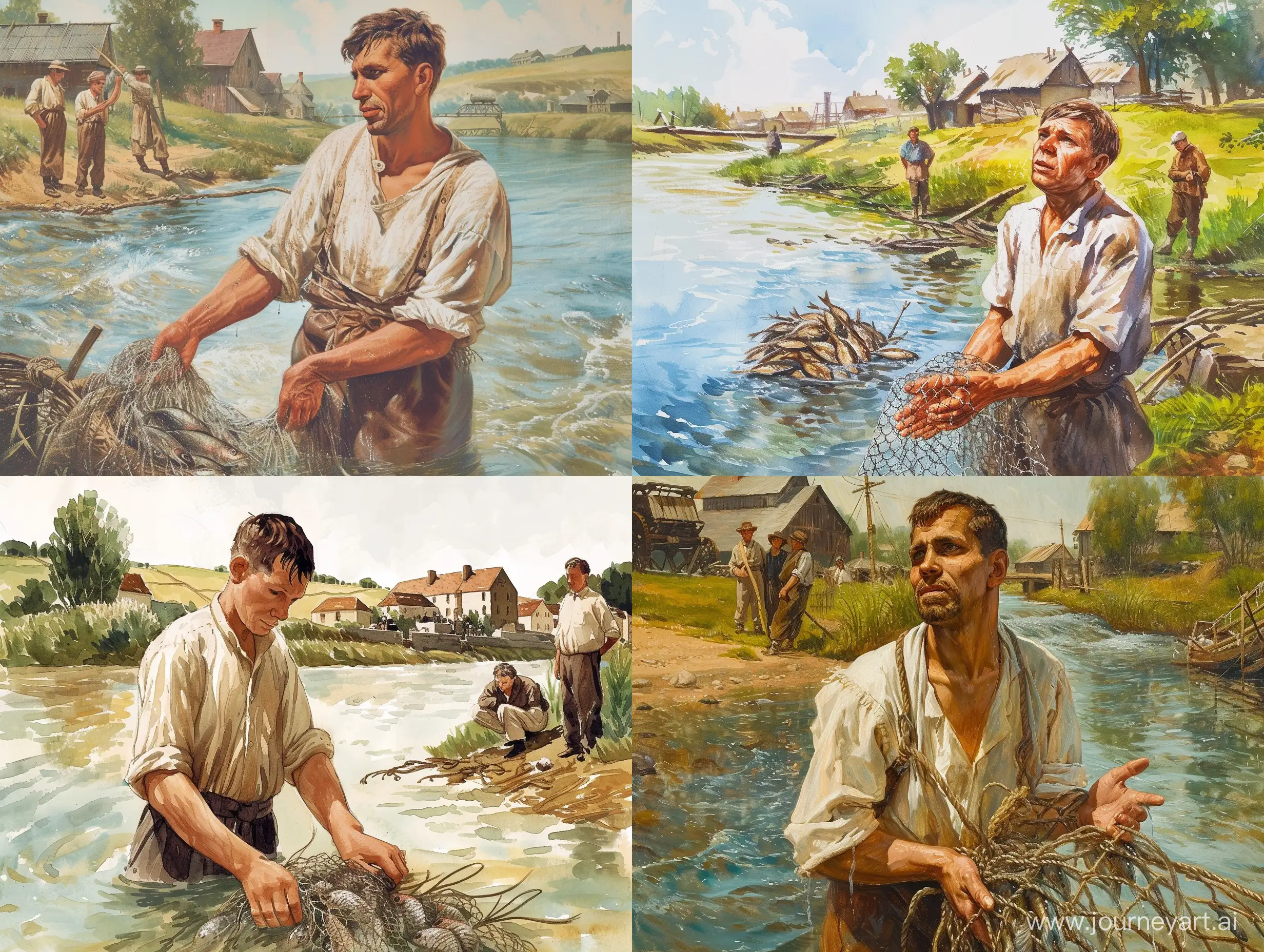 Book illustration, a three-meter-tall peasant stands in the river, pulls a net with fish, strong hands, dressed in a cotton shirt, fishermen stand on the riverbank, dissatisfied, background village, mill, sunny day