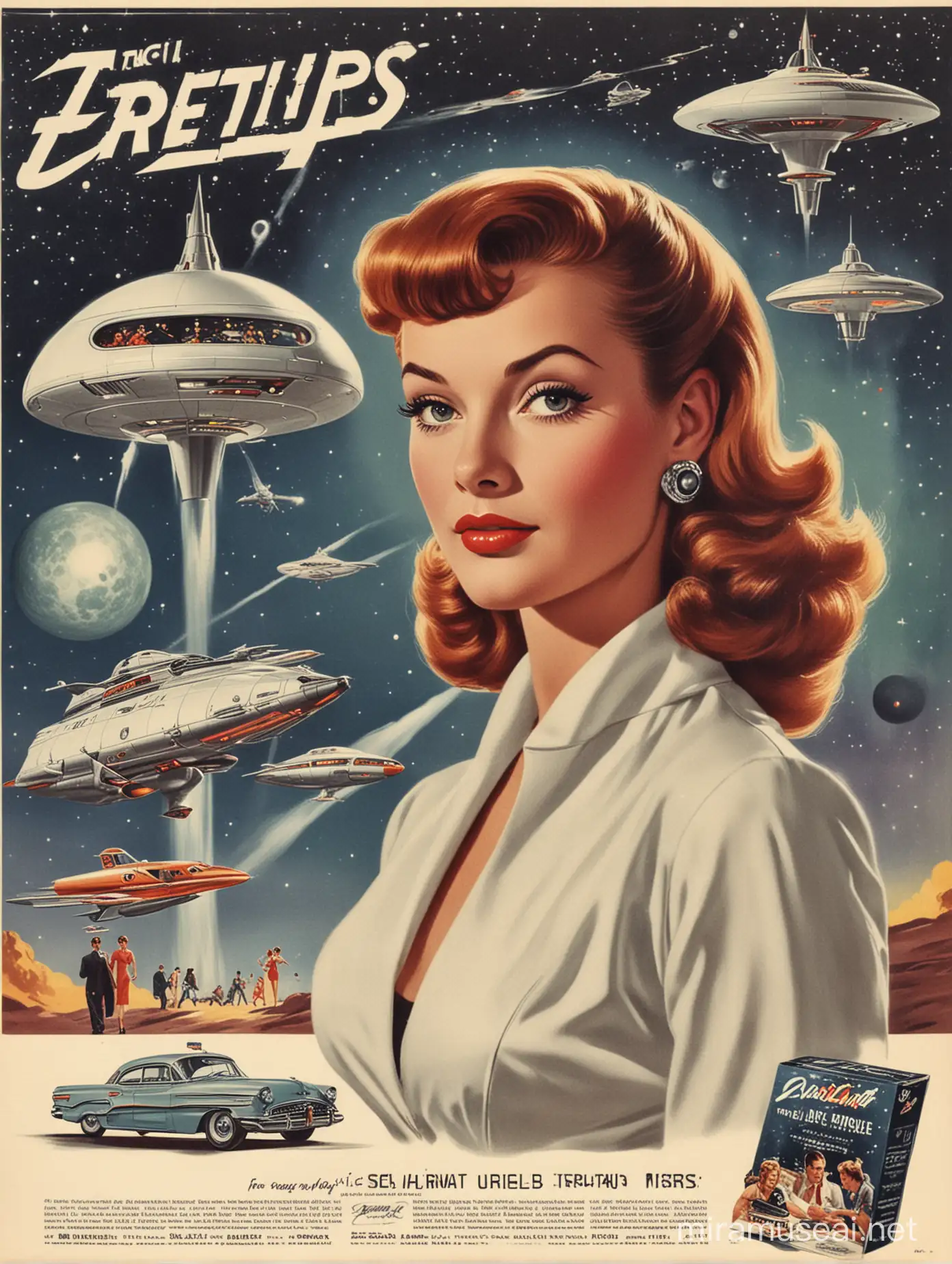 Retro Futuristic SciFi Advertisement Featuring 1950s Style Aesthetics