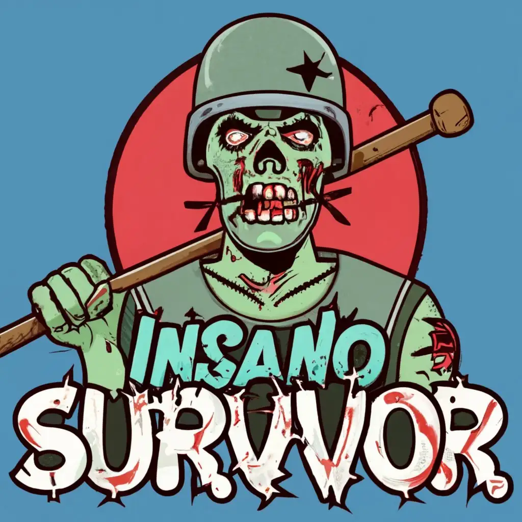 logo, JUST A HEAD OF THE  military zombie with a baseball bat WITH BARBED WIRE, with the text "INSANO SURVIVOR", typography