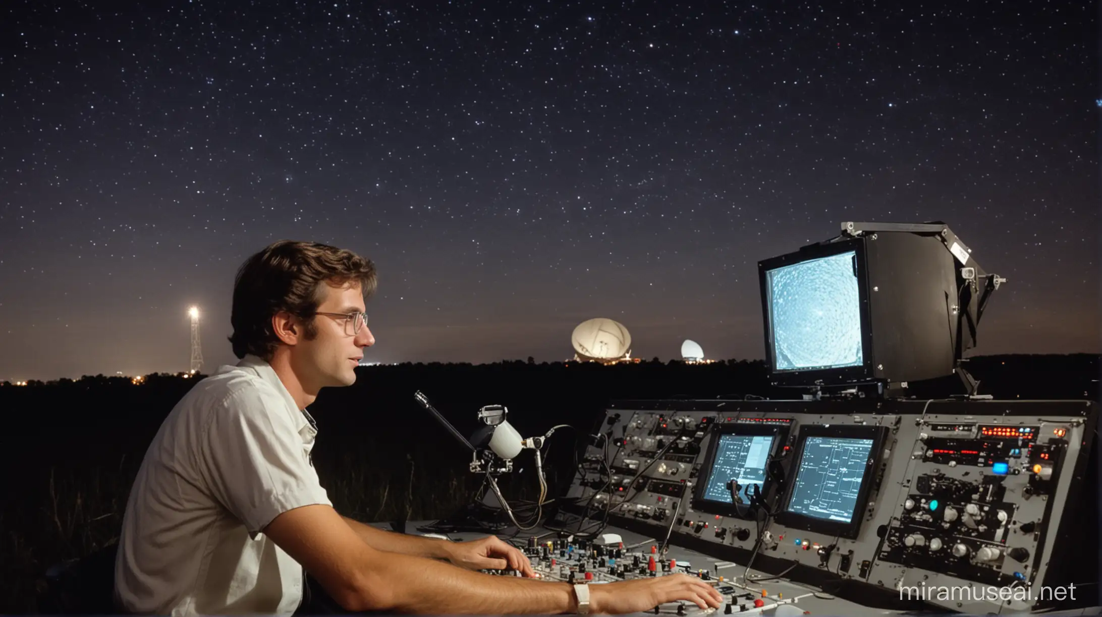 Capture a scene set in the summer of 1977 at Ohio State University's Big Ear radio telescope. Show Jerry Ehman, a young scientist, leaning over the control panel with a look of intense concentration as he monitors the telescope's readings. Behind him, the vast expanse of the night sky stretches out, dotted with twinkling stars. In the foreground, display screens flicker with data, highlighting the moment of the sudden signal's detection.