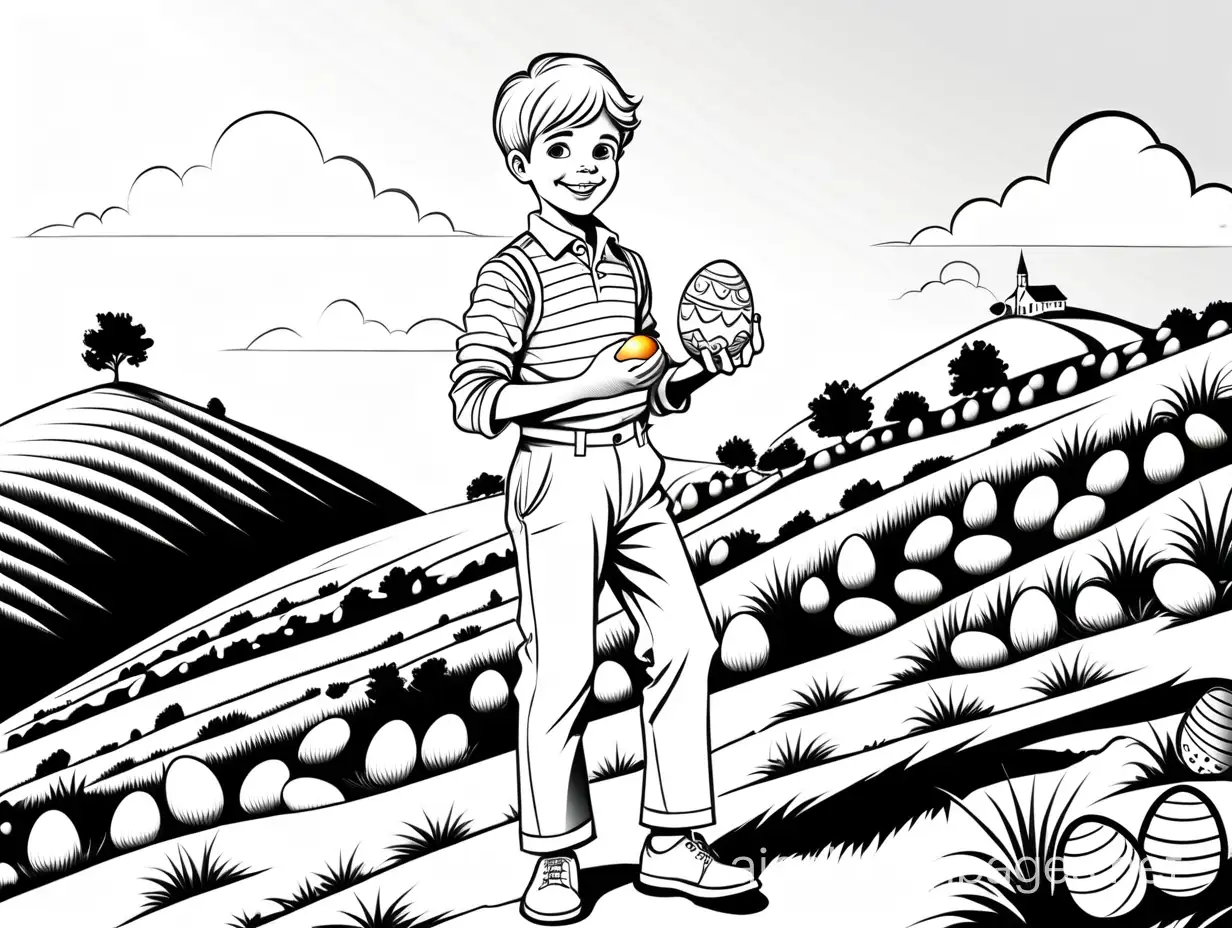 black lines, white background, a beautiful, well dressed, white pants  top and white shoes, happy boy holding an Easter egg up a hill. It is a sunny day., Coloring Page, black and white, line art, white background, Simplicity, Ample White Space. The background of the coloring page is plain white to make it easy for young children to color within the lines. The outlines of all the subjects are easy to distinguish, making it simple for kids to color without too much difficulty