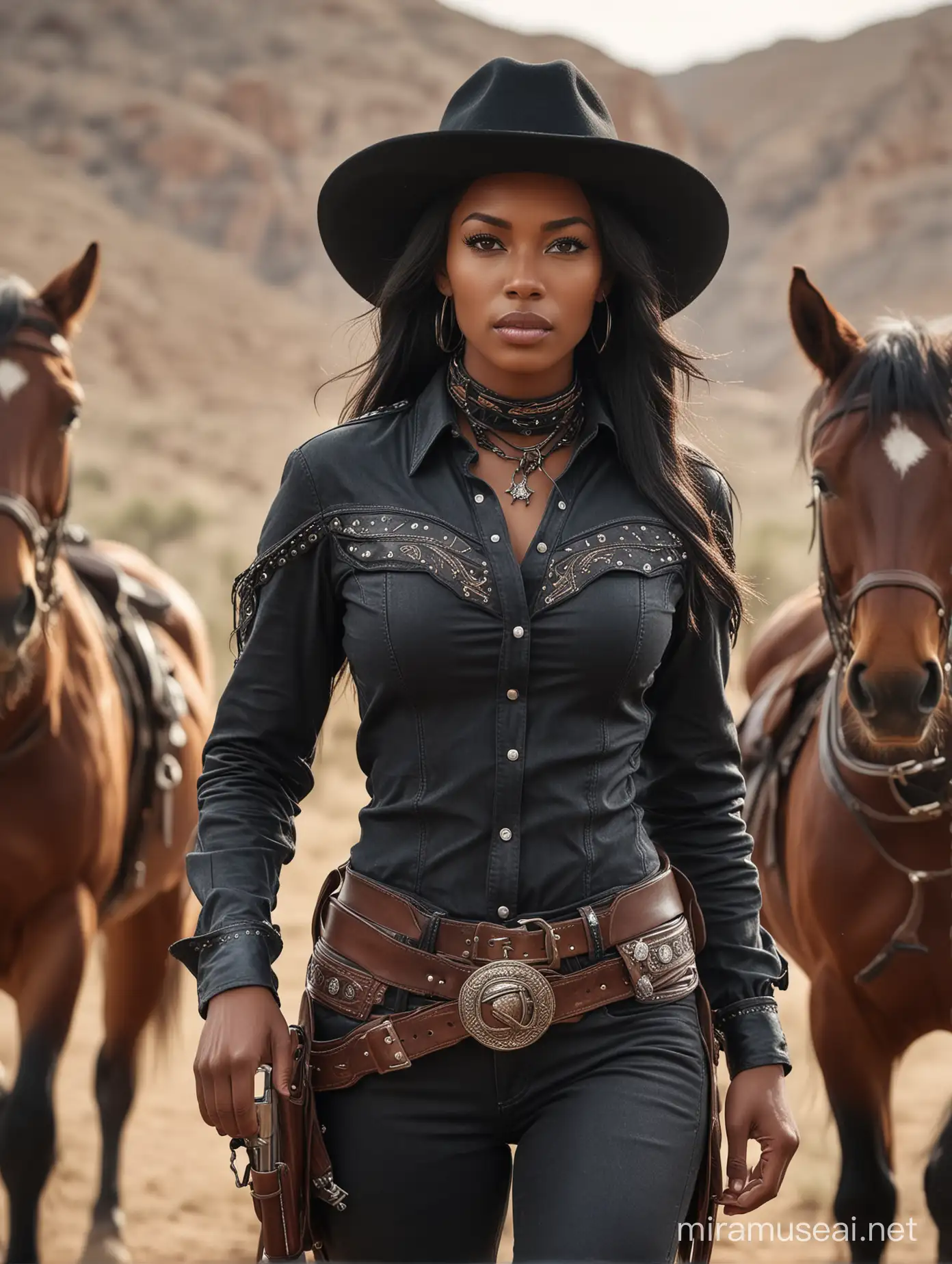 A very beautiful black cowgirl leading two horses, in a cowboy art style, a full body portrait, with detailed face features, wearing a leather belt with gun holsters, and a wide brimmed hat on her head, set against a wild west background with warm tones, and highly detailed. Cinematic shot, candid celebrity shots, UHD image, body extensions, natural beauty --ar 69:128 --s 750 --v 5. 2