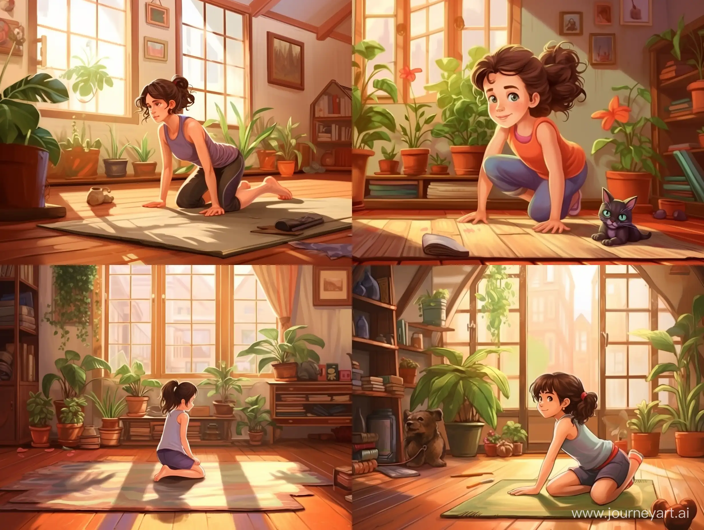 Home-Workout-Young-Girl-Exercising-on-a-Beautiful-Wooden-Floor-with-Potted-Plants