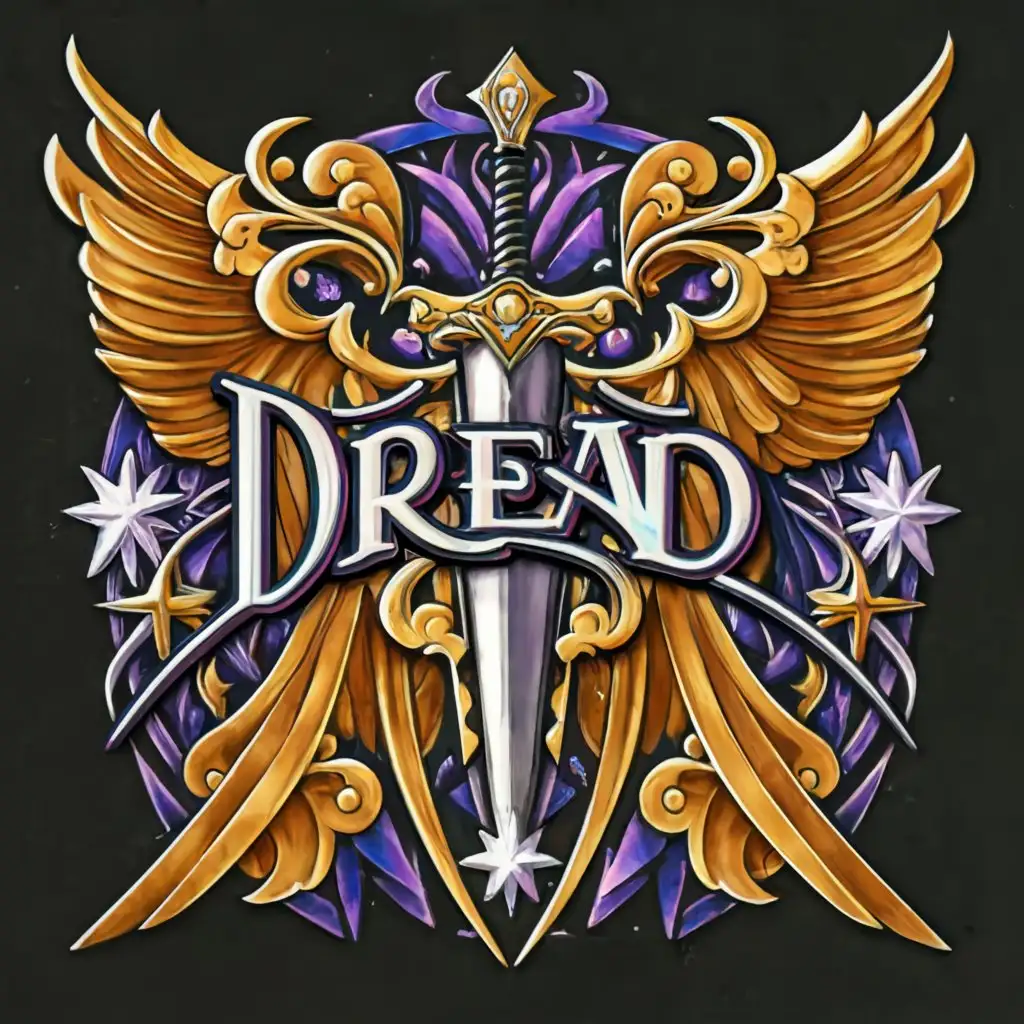 a logo design,with the text 'Dread' in white, main symbol:sword made from the stars with wings, black purple and blue for colors, complex,be used in Entertainment industry,clear background